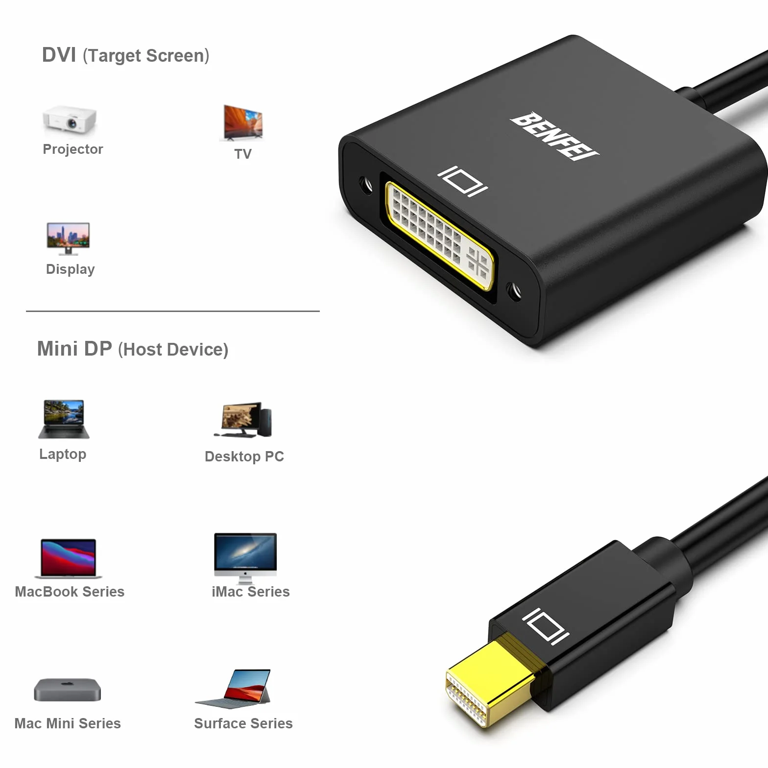 BENFEI Adapter Mini DisplayPort na DVI, pozłacany adapter Mini DP (kompatybilny z Thunderbolt 2) do DVI kompatybilny z MacBook Air/Pro, Microsoft Surface Pro/Dock, monitorem, projektorem i innymi