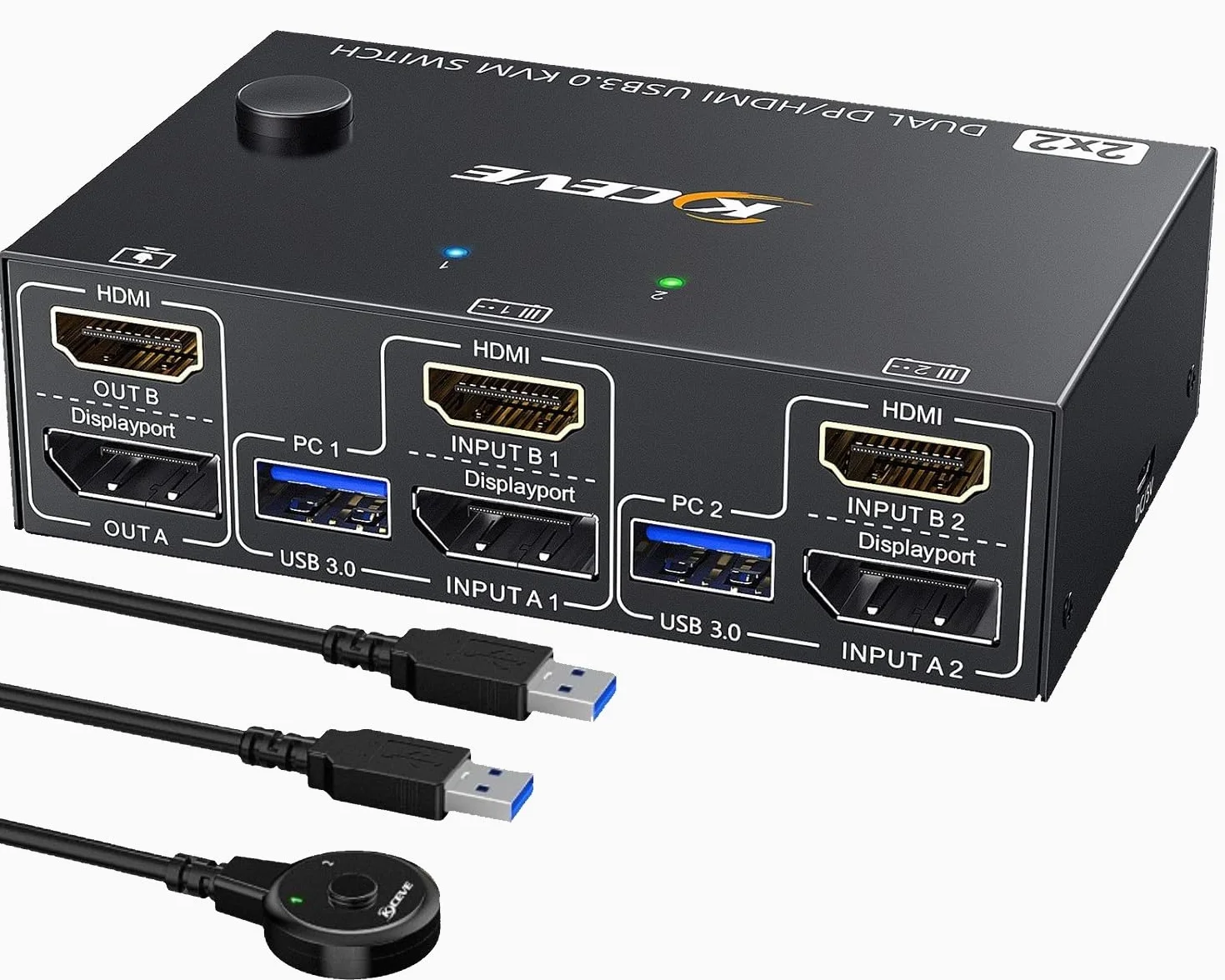 Displayport + HDMI Przełącznik KVM 2 Komputery 2 Monitory 4K@60Hz, MLEEDA Dual Monitor KVM Switch 2 Computers Dzielenia 2 Monitors i 4 Porty USB 3.0, z Kabel Zasilania, Przewodowy Pilot i 2 Kable USB