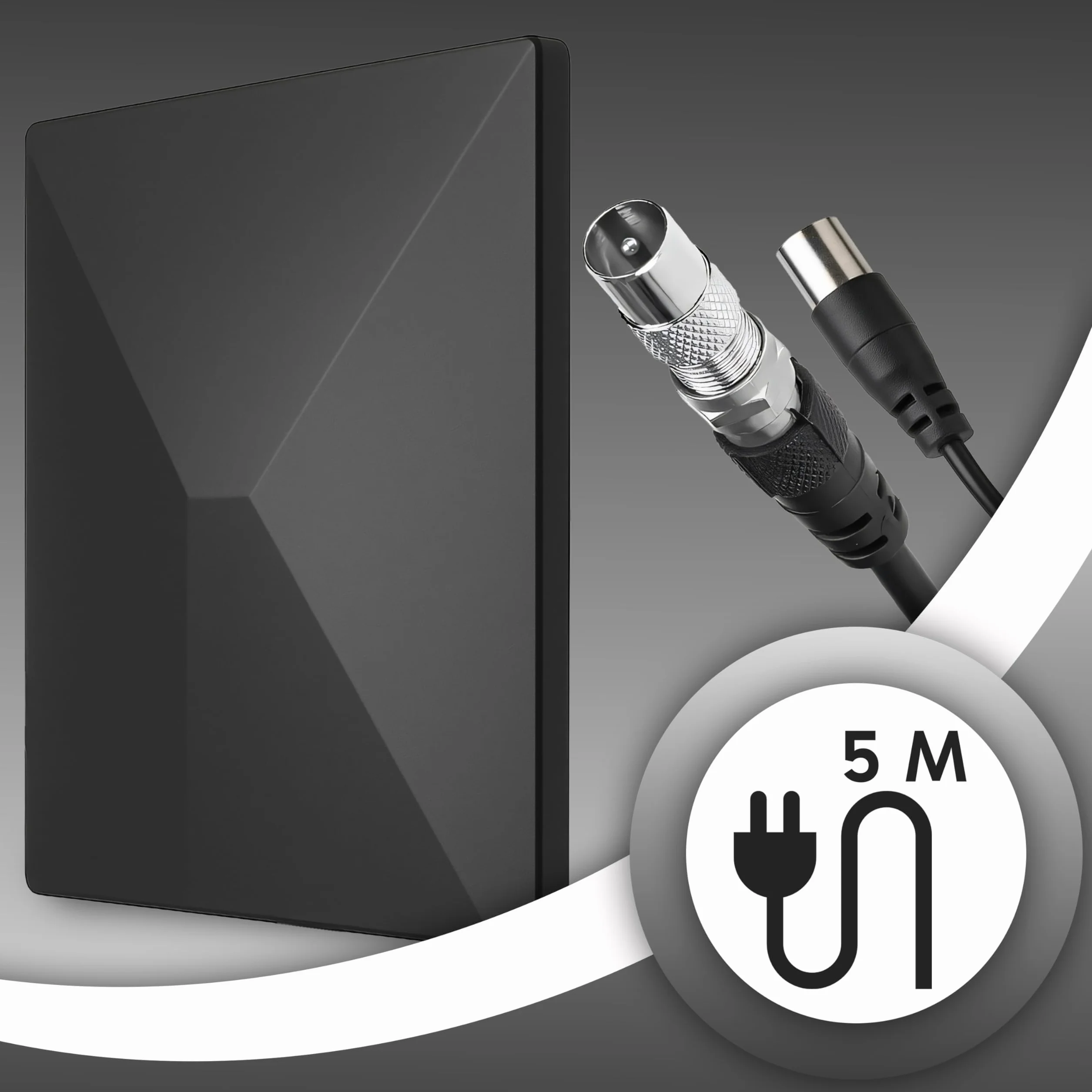 Retoo Antena DVB-T/DVB-T2 ze wzmacniaczem 35 dB, antena wewnętrzna do użytku wewnątrz i na zewnątrz, kabel 5m, odbiór 360°, antena TV do telewizora, dekodera i radia, UHF/VHF/FM, zasilanie DC 5 V