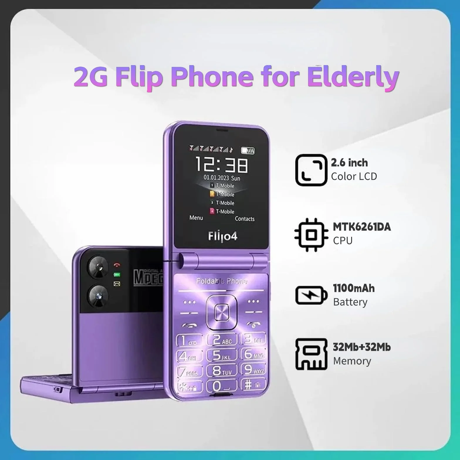 Telefon komórkowy dla seniorów z klapką, konstrukcja z klapką, podwójny ekran, duże przyciski, szybkie wybieranie, czysty dźwięk, kamera HD, latarka LED (niebieska)