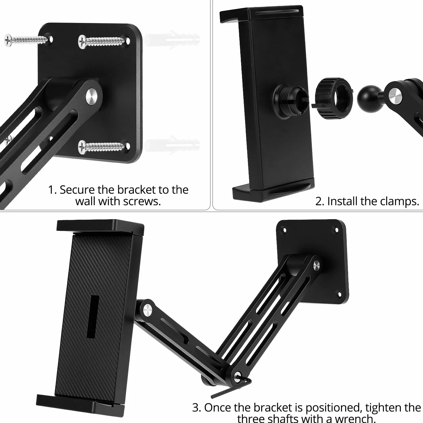 QWORK Aluminiowy uchwyt ścienny na tablet, z obrotową o 360° podstawą z regulacją wysokości i składanym do urządzeń o przekątnej 4,7-13 cali.