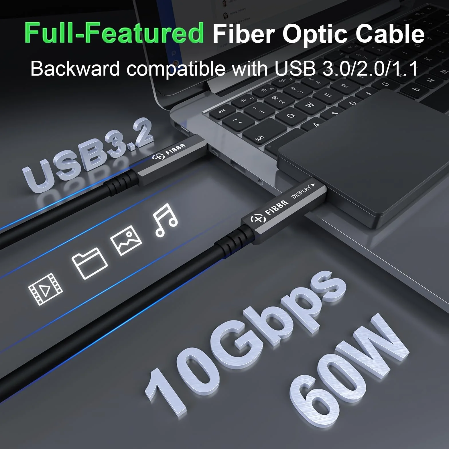 FIBBR 3 w 1 Funkcjonalny USB Kabel 15M, 10Gbps Włókno Optyczne USB C do USB C Kabel, 8K USB 3.2 Gen2 Kabel, 60W PD do Wideo Domowego, Okablowania Monitorowania, Systemu Wizji Maszynowej, HD Wideo