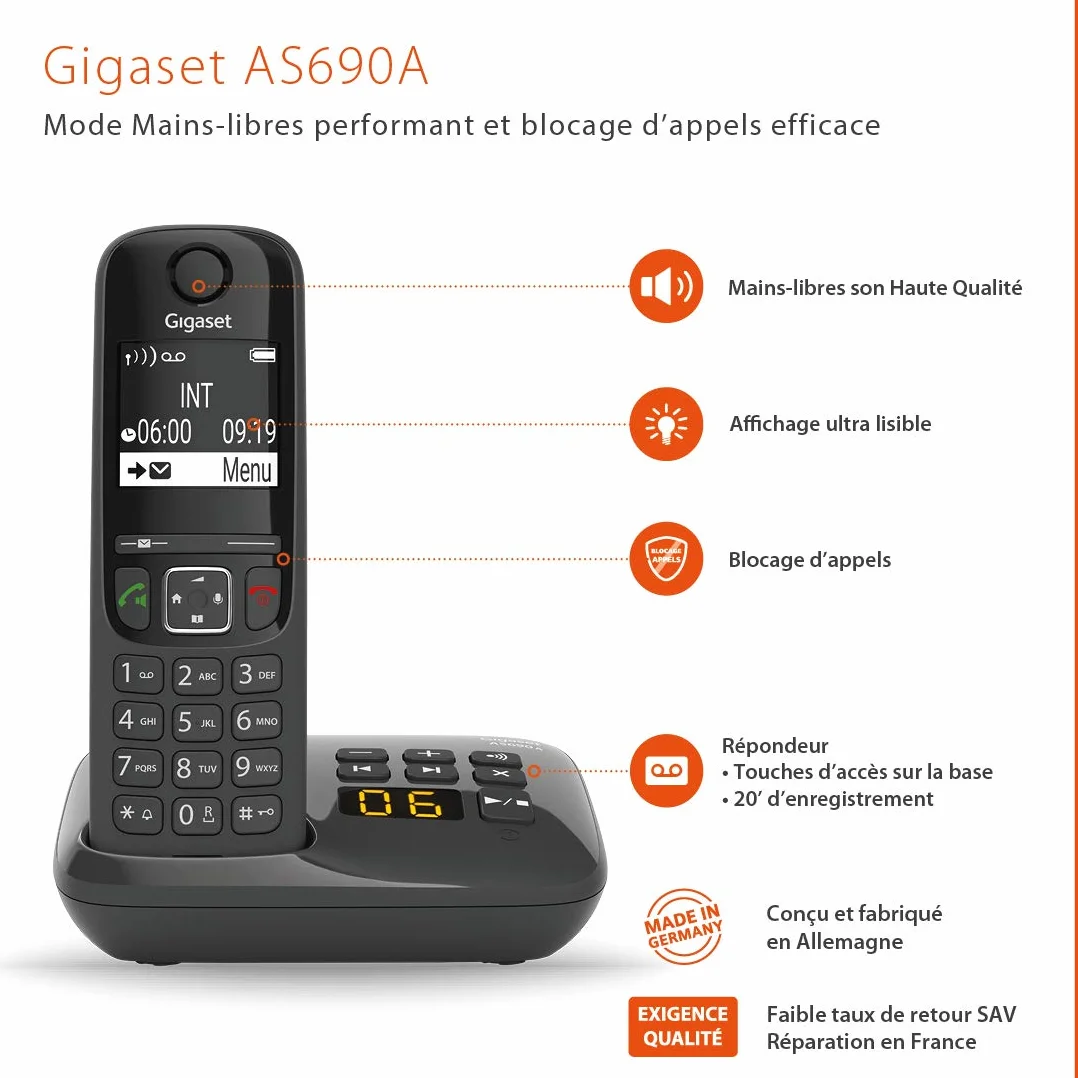 Telefono fisso AS690 A Duo Nero - GIGASET - Segreteria telefonica da 20 minuti - Vivavoce potente - Display ultra-leggibile