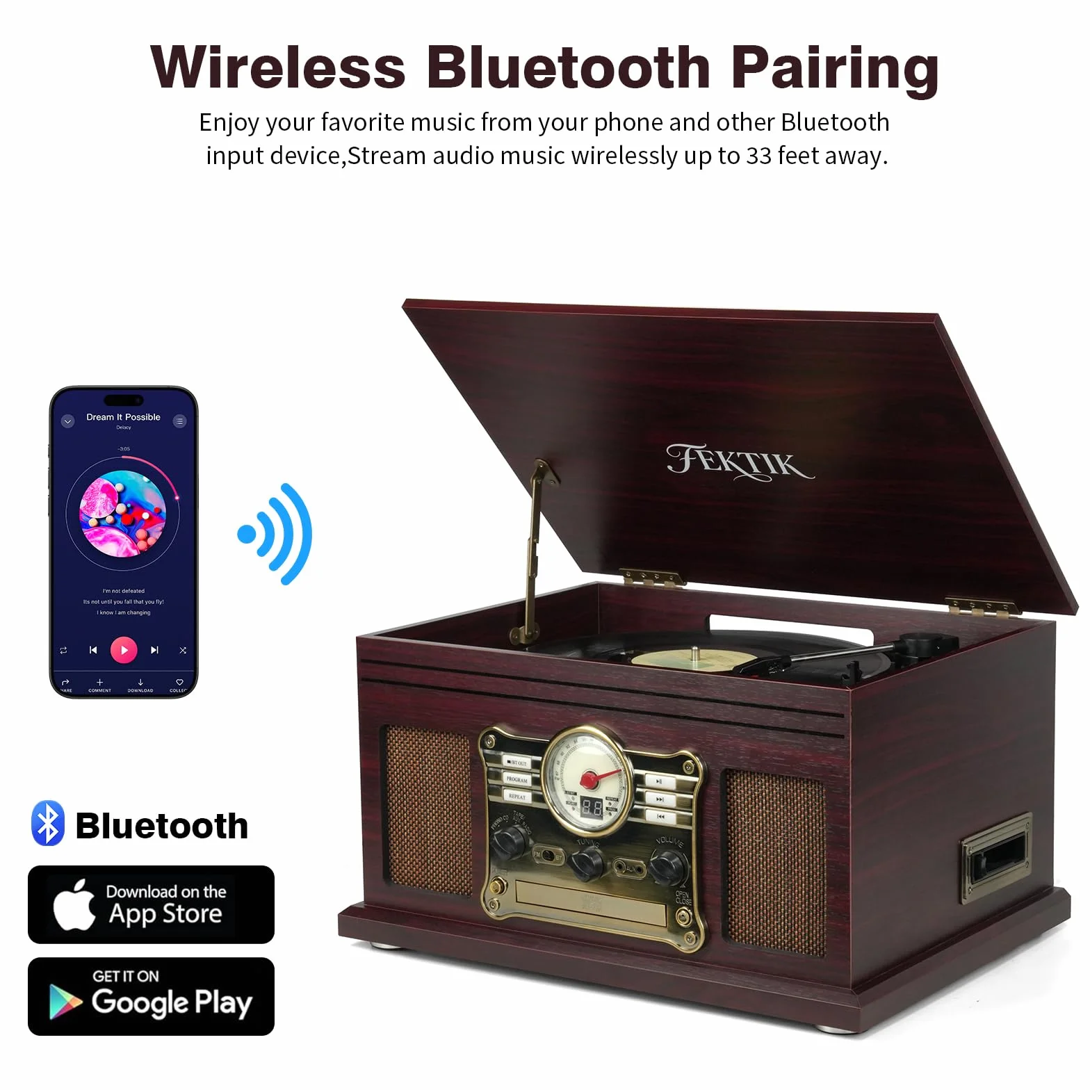 FEKTIK Gramofon Bluetooth 10 w 1, 3-biegowy gramofon z napędem pasowym z głośnikami, wejście i wyjście Bluetooth, CD, kaseta, radio FM, bezprzewodowe przesyłanie strumieniowe