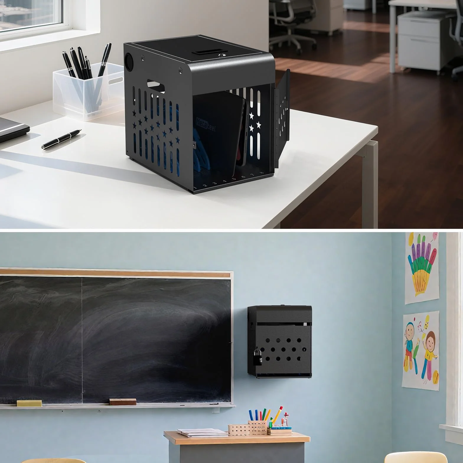Pudełko z zamkiem do stacji ładującej 8 tabletów, pasuje do ekranu 35.6 cm, stalowej obudowy i zamykanych drzwi, 2 klucze w zestawie - do Chromebooka, laptopa i tabletów - idealne do biur