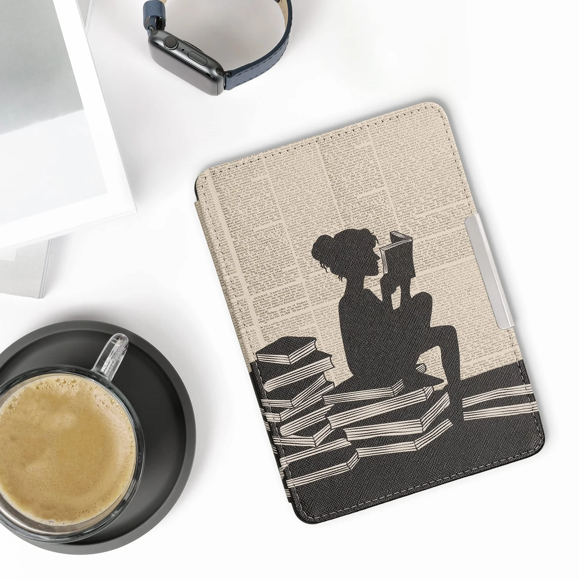 kwmobile Etui z klapką do czytnika e-booków Amazon Kindle Paperwhite (do modeli do 2017) – czytelna kobieta, czarno-beżowe