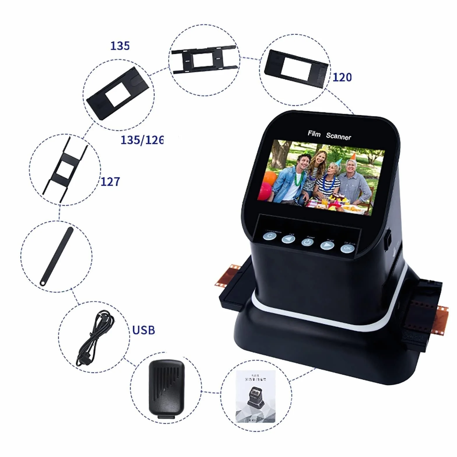 Cyfrowy skaner folii o wysokiej rozdzielczości 120 obsługuje 5 rozmiarów folii 120 z wyświetlaczem LCD 1080p, konwertuje 35 mm, 135, 126, 127 negatywów i slajdy na cyfrowy