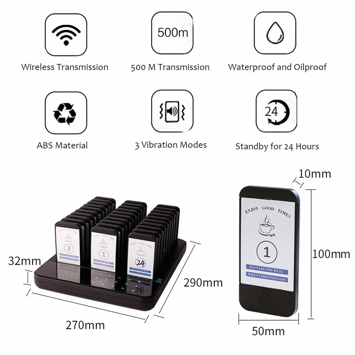 Bezprzewodowy System Przywoławczy, 1 klawiatura + 30 pagerów (sygnał dźwiękowy/wibracja/miganie), zasięg roboczy 500 m, 24-godzinny tryb gotowości dla restauracji, kawiarni, baru i hotelu