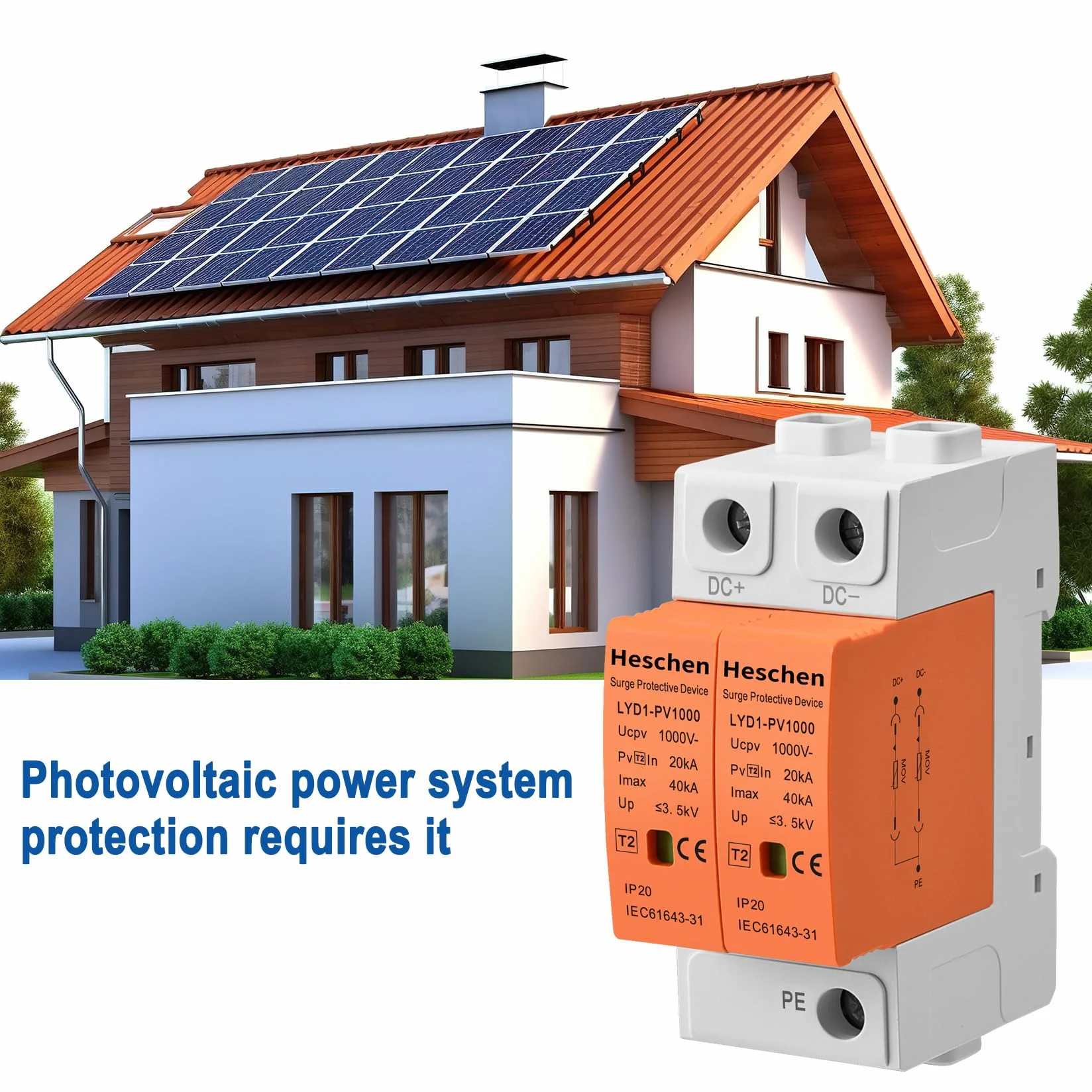 Heschen Urządzenie przeciwprzepięciowe do PV, LYD1-PV1000, 2P 1000VDC 20KA, montaż na szynie DIN 35mm