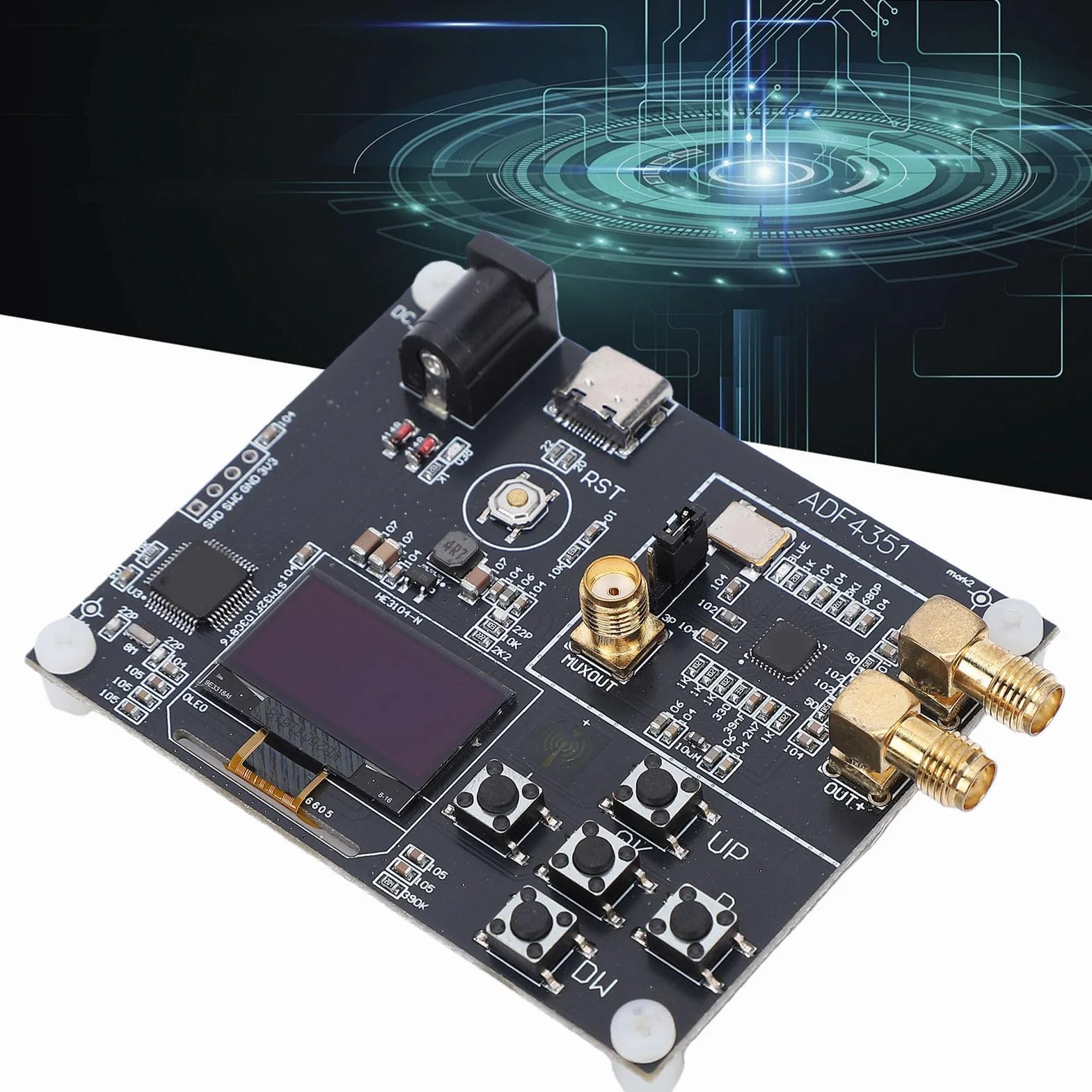 Focket ADF4351 Moduł z synchronizacją Fazy Płytka Syntezatora Częstotliwości RF 35 MHz–4,4 GHz, Szerokopasmowy Generator Sygnału RF PLL z Wyświetlaczem i Wyjściem SMA do Testowania Komunikacji i
