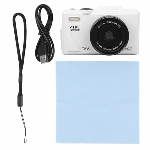 Aparat Cyfrowy, 18-krotny Zoom, Stabilizator 64 MP i Kamera UHD 4K z kartą Pamięci 256 GB, 3-calowy Ekran IPS dla Chłopców, Dziewcząt i Dzieci (WHITE)