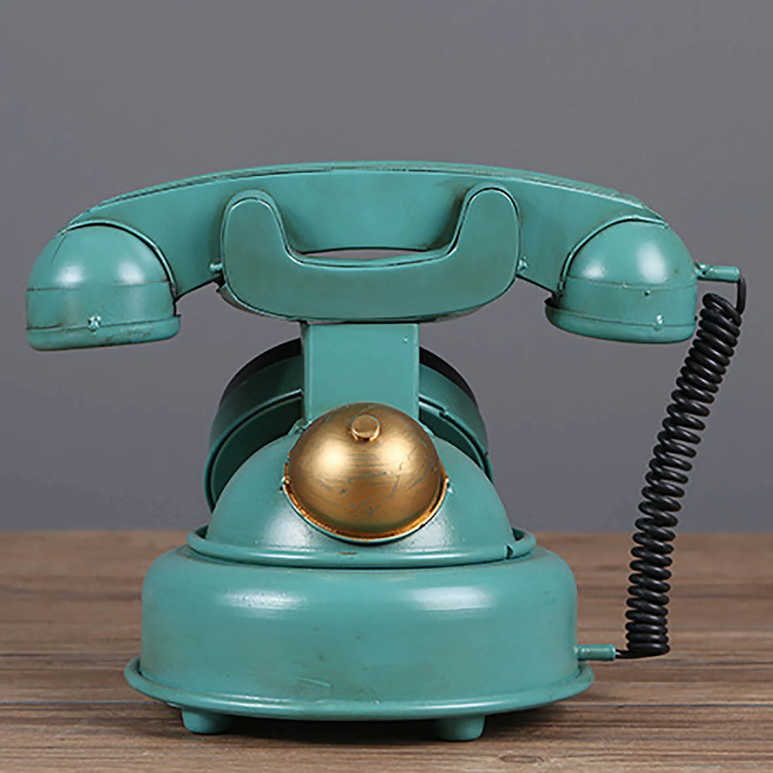 Telefon dekoracyjny w stylu retro, antyczny telefon stacjonarny z przyciskiem, wykończenie w kolorze zielonym z metalu