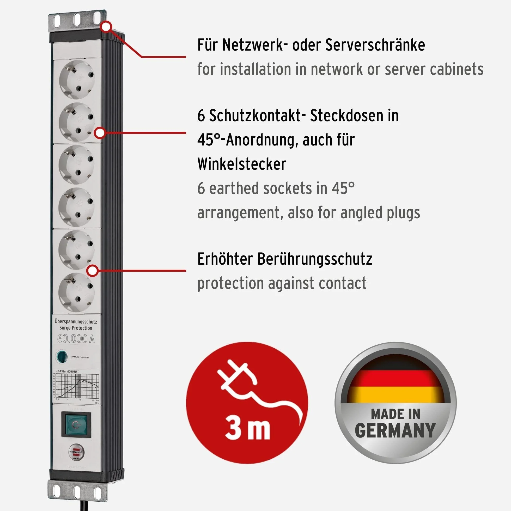 Brennenstuhl Premium-Line 6-drożna listwa zasilająca z ochroną przeciwprzepięciową 60 000 A (format 19 cali, kabel 3 m, z przełącznikiem, wyprodukowana w Niemczech), czarna/szara