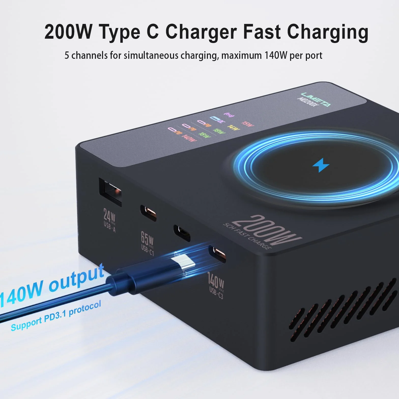 LIMETA Stacja ładująca 200 W z bezprzewodową ładowarką 15 W, wieloma portami USB, maks. 140 W z jednym portem bezprzewodowym ładowaniem i ekranem LCD, z laptopami, tabletami, iPhone'ami i innymi