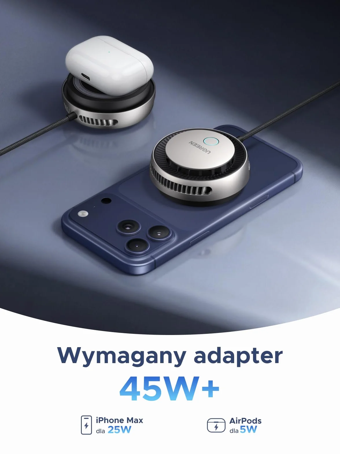 UGREEN Magflow Pro, magnetyczna podkładka ładująca Qi2 25 W | z aktywnym chłodzeniem, 1,5-metrowym plecionym kablem, kompatybilna z MagSafe dla iPhone'a 17/16