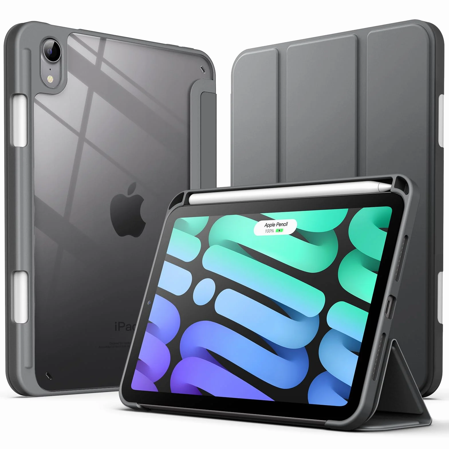 JETech Etui dla iPad mini (A17 Pro, Model 2024, 7. Gen) / mini 6 (Model 2021, 6. Gen) z Pencil Uchwyt, Wyczyść Przezroczysty Tył Obudowa Podstawkę Obudowa Tabletu Case (Gwiezdna Szarość)
