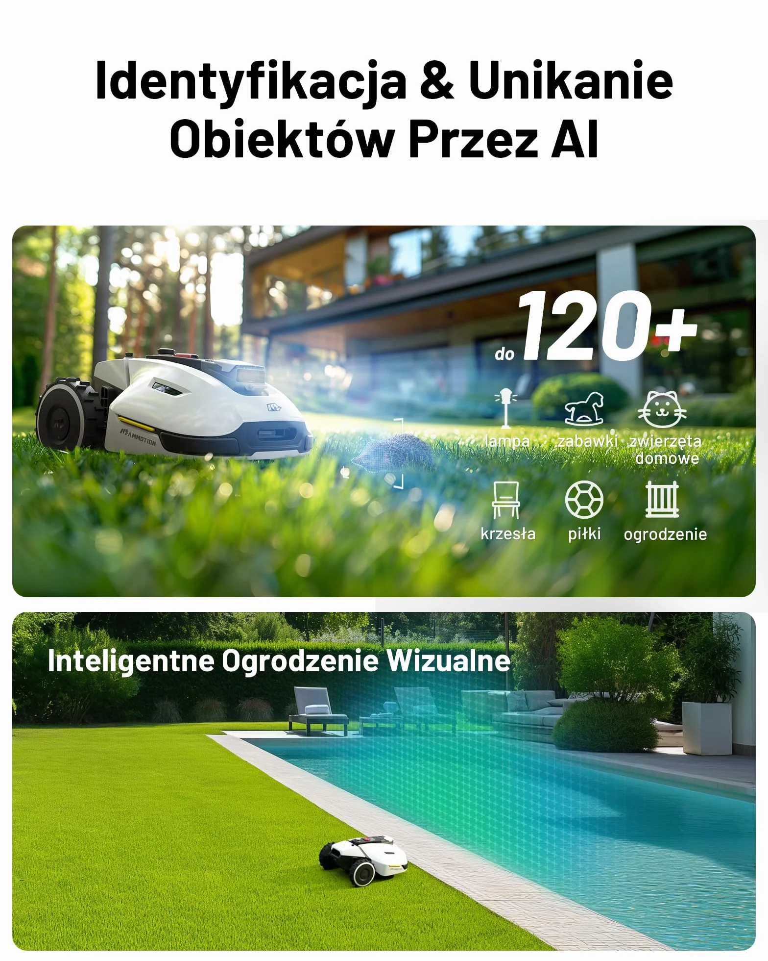 YUKA 3000 Kosiarka Automatyczna z zamiatarką, Zalecane 3000 m², maks.3400 m²,i Nachyleniu 45%, UltraSense AI Vision do Auto-Mapowania Wysokość Koszenia 20-90mm Szerokość Koszenia 320mm