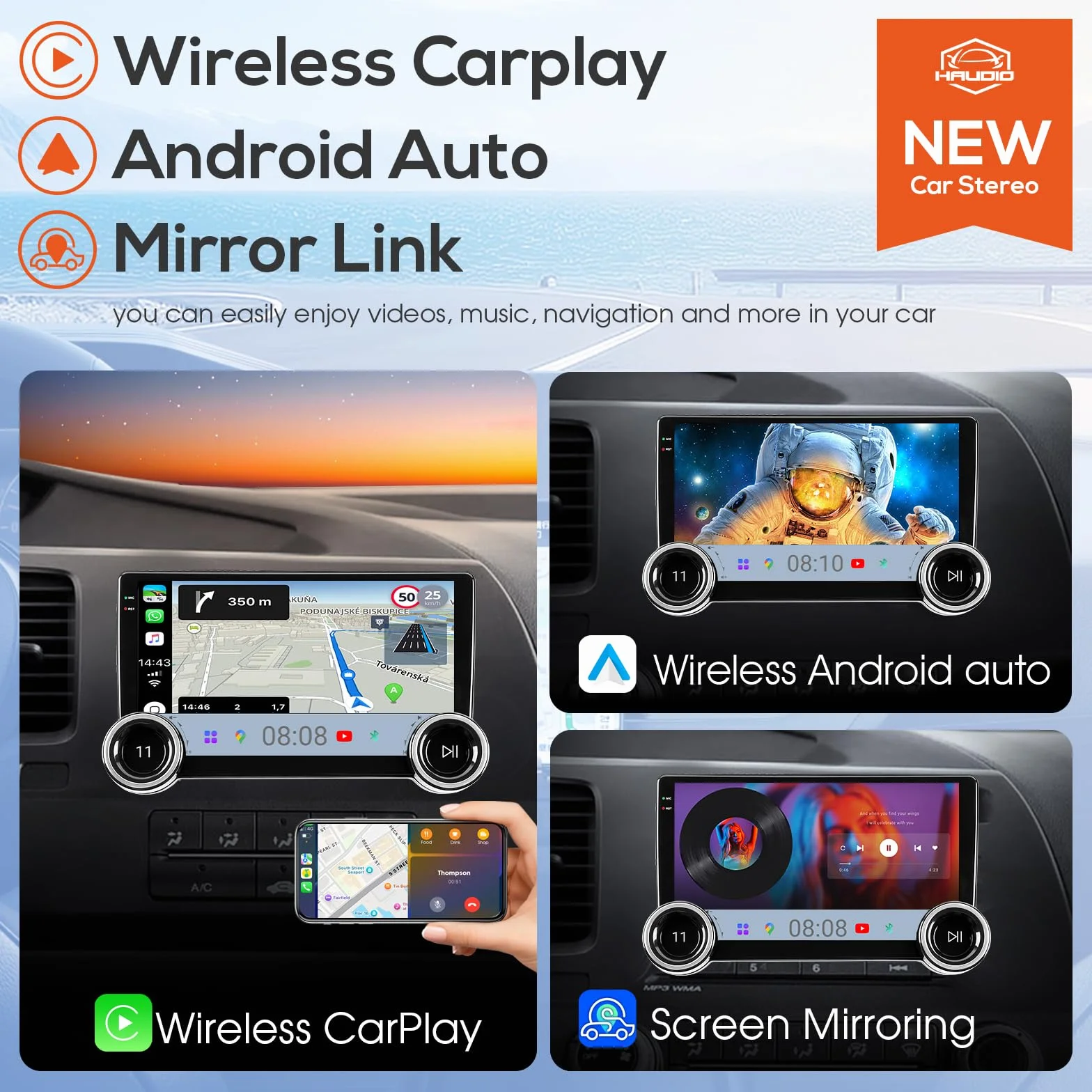 Haudio 10,1-calowy odtwarzacz samochodowy z bezprzewodowym CarPlay i Android Auto, 2 DIN radio samochodowe Bluetooth z kamerą cofania, połączenie lustrzane, asystent głosowy, AM/RDS/FM, pasuje do