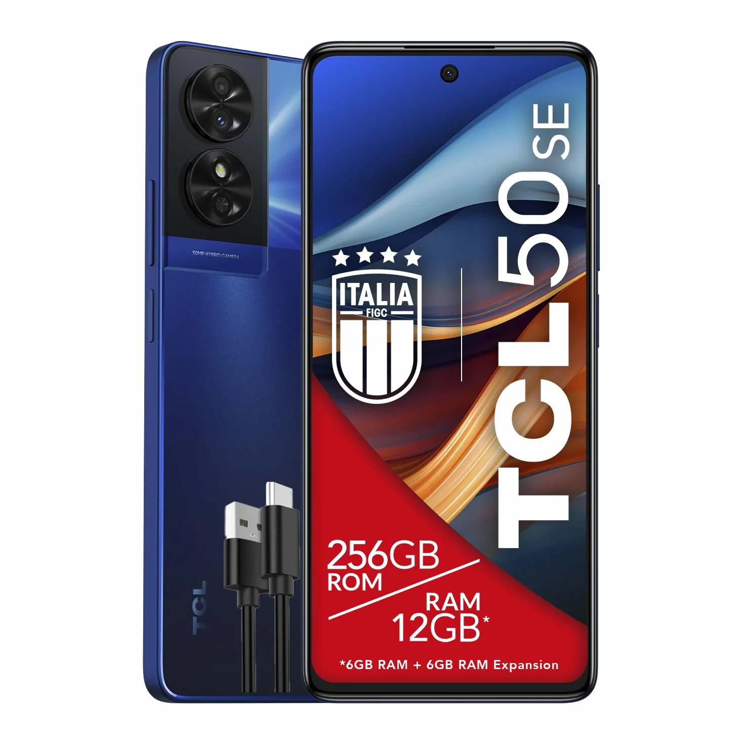 TCL 50SE smartfon 4G, wyświetlacz 6,78", FHD+ 90 Hz, 256 GB, 12 GB RAM (6 GB + 6 GB RAM Expansion), hybrydowy aparat 50 Mpx, system Android 14, bateria 5010 mAh szybkie ładowanie, Dual Sim, niebieski