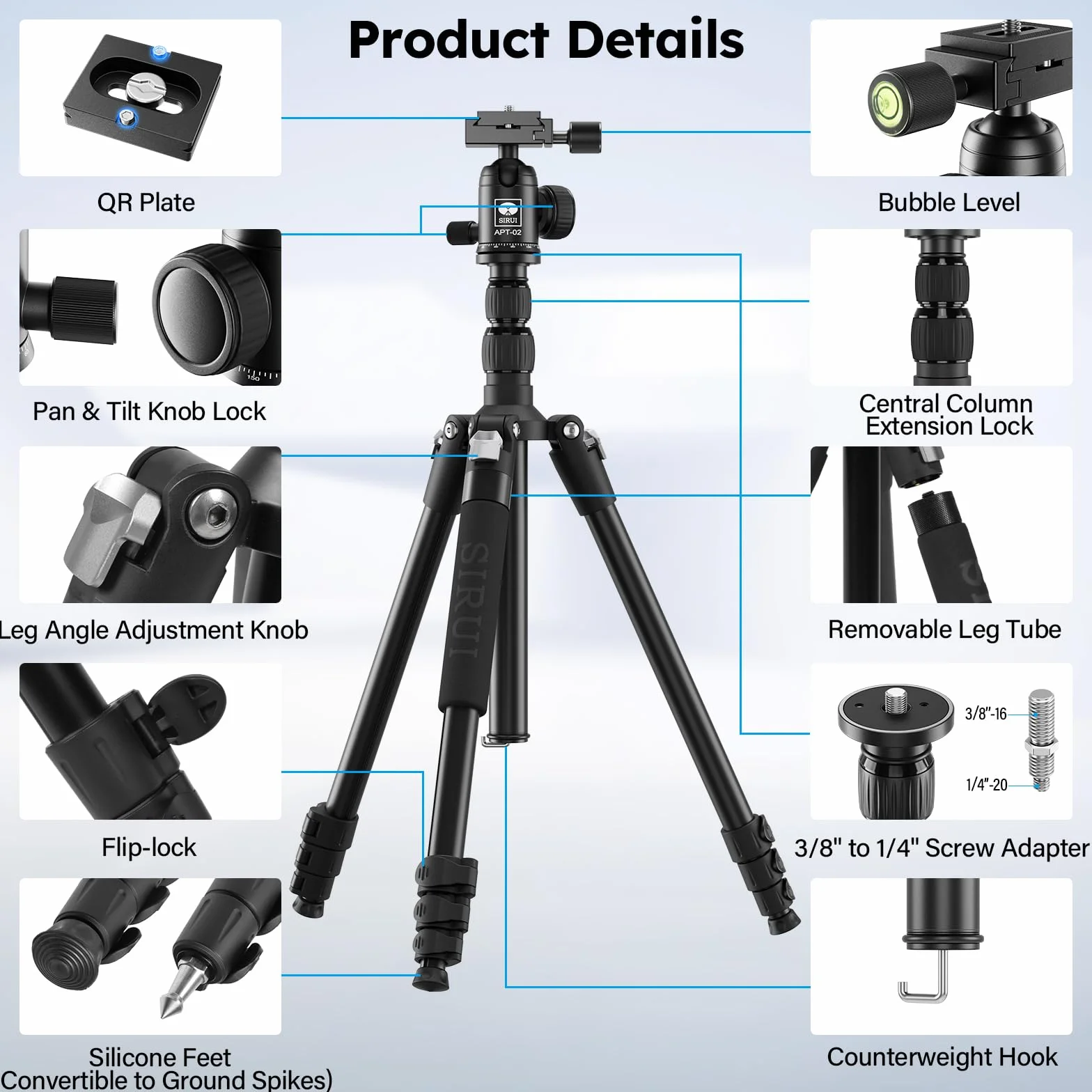 SIRUI APT-02 Statyw i monopod 2 w 1 z głowicą kulową 360°, wysokość 200 cm, nośność 10 kg, do lustrzanek cyfrowych, smartfonów i kamer Actioncam, zawiera uchwyt na telefon komórkowy i torbę