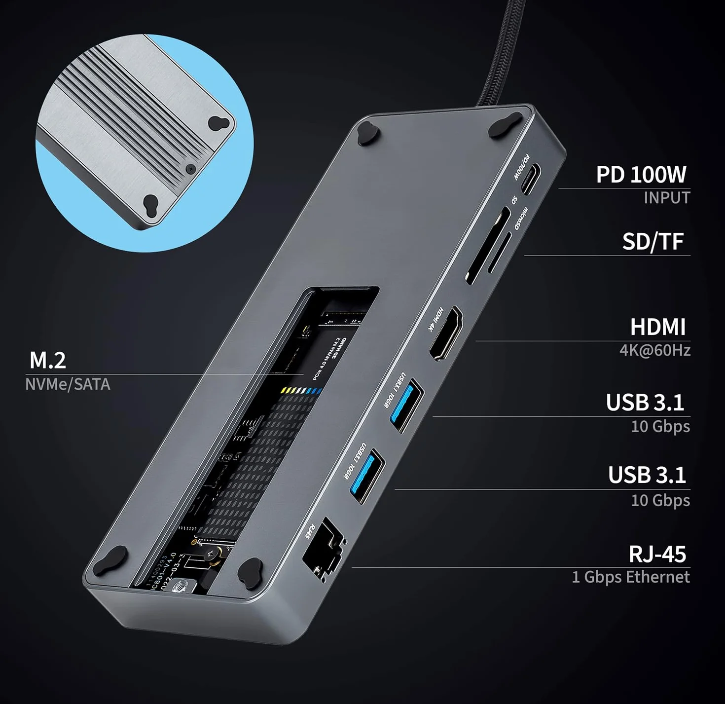 Reagle Koncentrator USB-C 10 w 1 z obudową M.2 SSD, 4K 60 Hz HDMI, 100 W PD, 10 Gbps USB 3.2 Gen 2, RJ45 Gigabit Ethernet, czytnik kart SD/microSD – kompatybilny z Windows, MacOS, Android, NVMe/SATA
