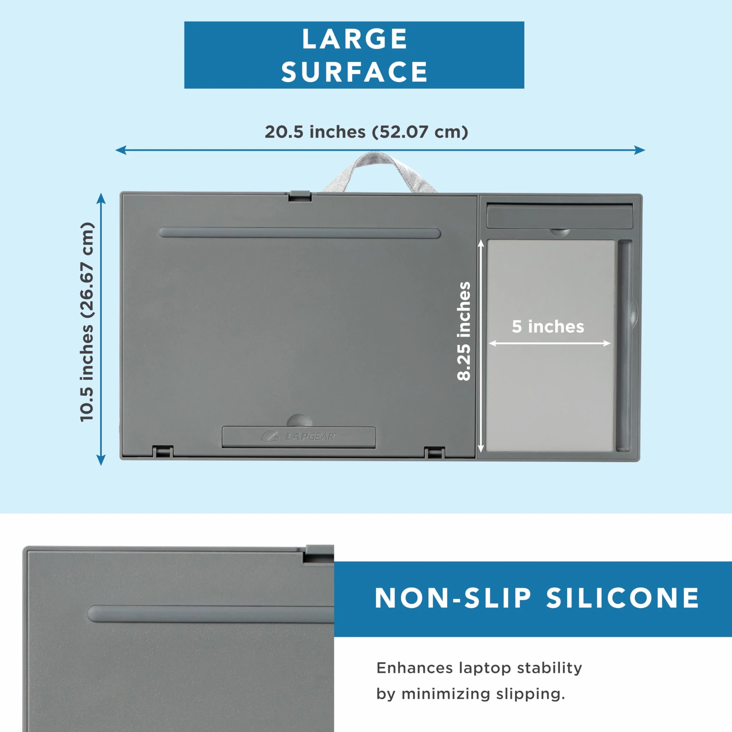 LAPGEAR Ergo Pro biurko na kolana z 20 regulowanymi kątami, podkładka pod mysz i uchwyt na telefon, szare, pasuje do laptopów o przekątnej ekranu do 15,6 cala i większości tabletów - styl nr 49405
