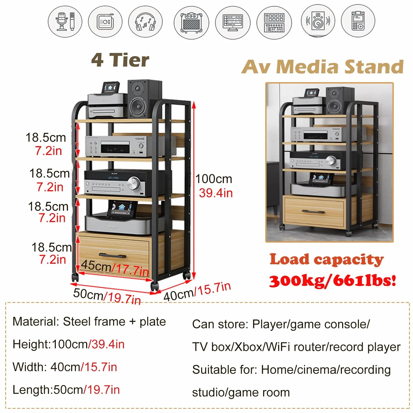 Szafka Na Sprzęt Audio HiFi, 100 Cm Wysokości, Stojak Na Sprzęt Audio-video Do Wzmacniacza/odbiornika Stereo - Corner Entertainment Center(Black)