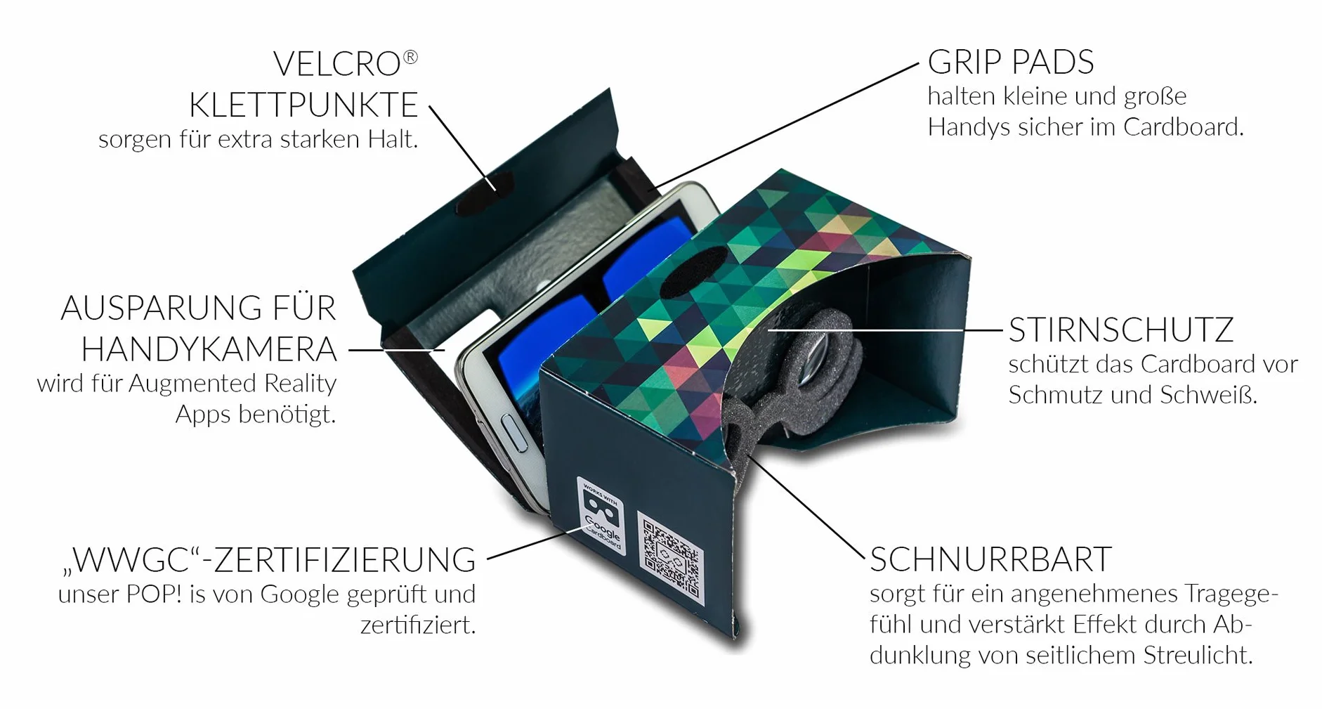 Google Cardboard POP! z opaską na głowę i wyściółką Virtual Reality Headset VR Viewer do systemu Android Apple iOS