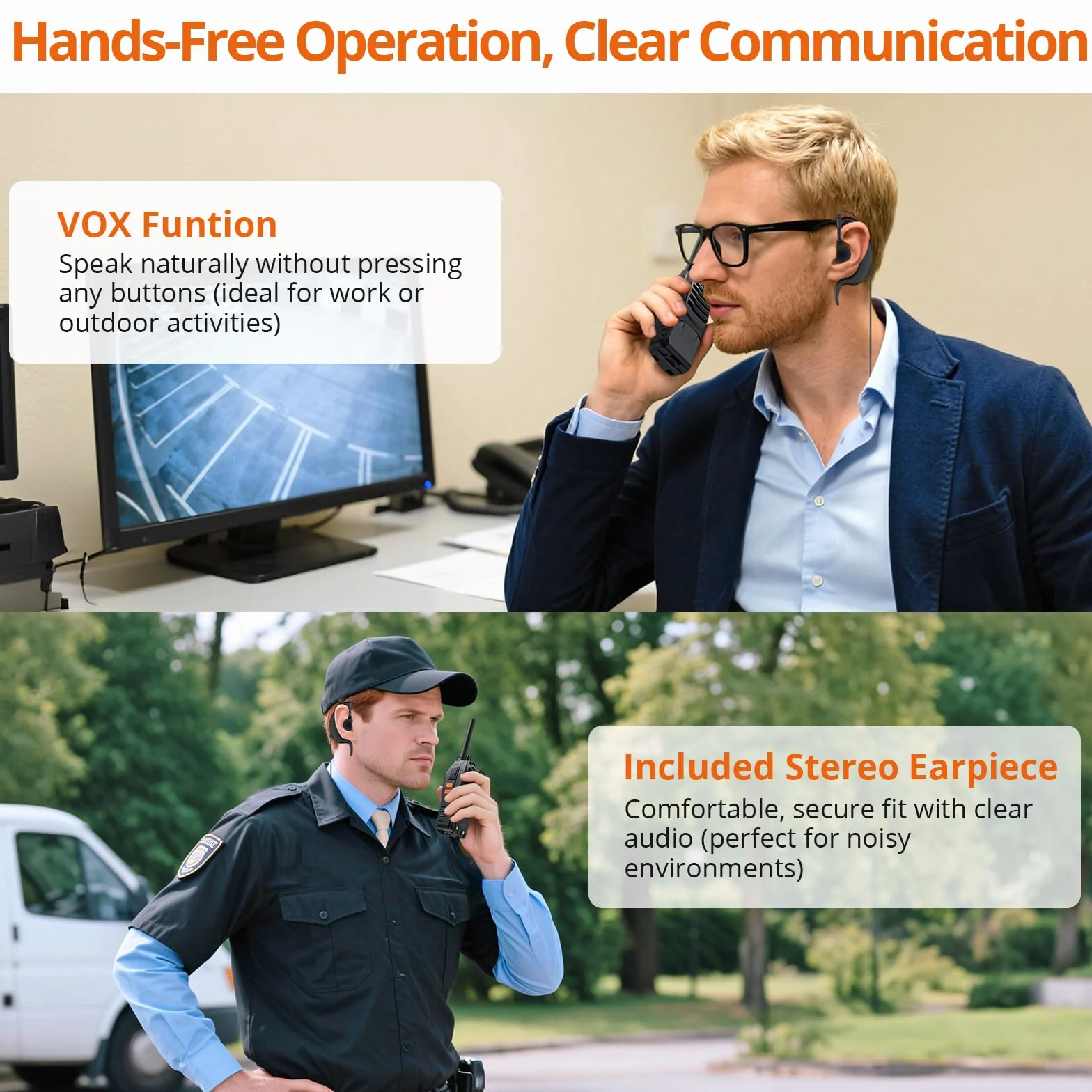 Proster Walkie Talkie 16-kanałowe radiotelefony PMR z komunikatem głosowym Akumulator z ładowarką USB i słuchawkami - czarny (2 pary)