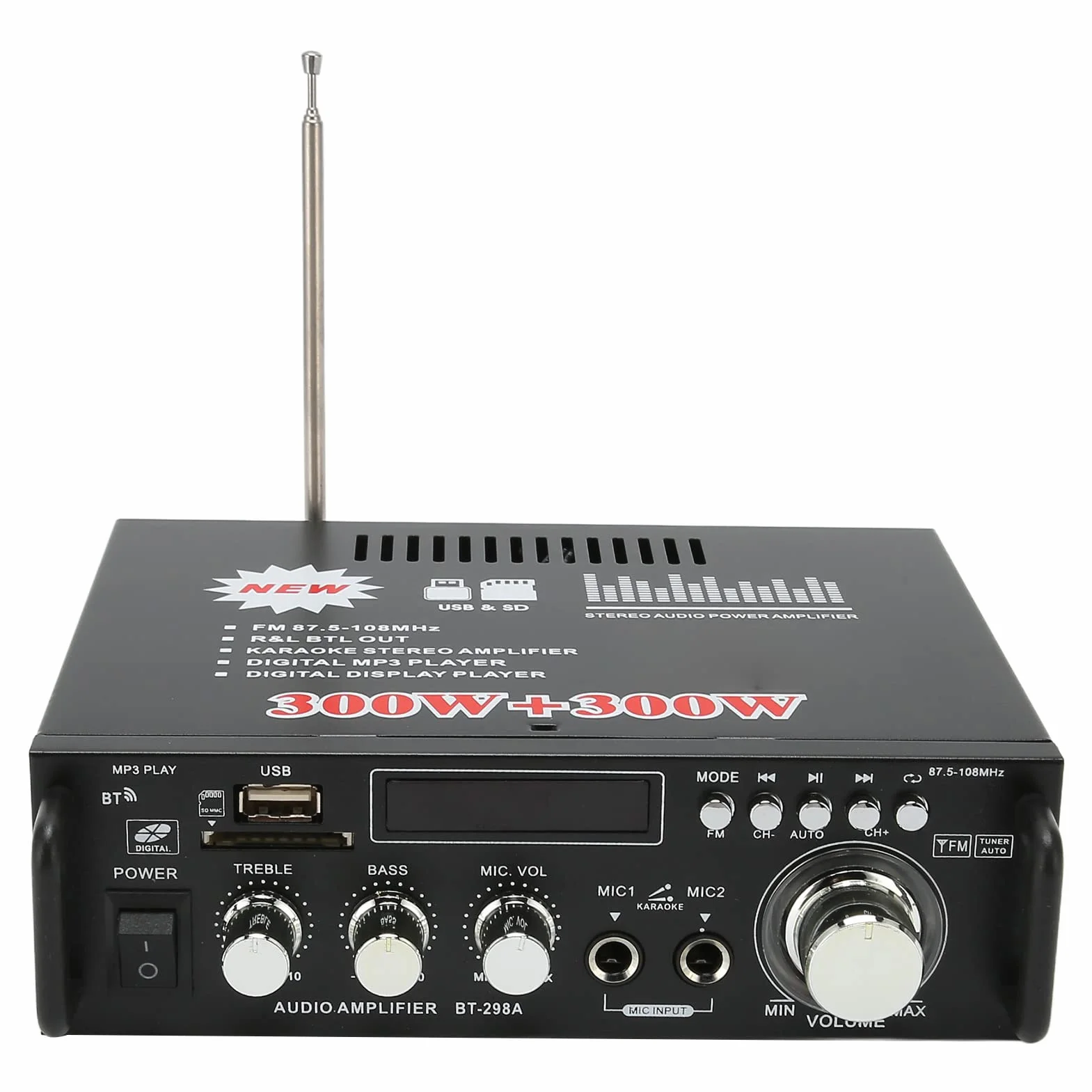 Wzmacniacz Mocy, 300W 300W Dobra jakość Dźwięku Stabilny Łatwe Podłączenie Wzmacniacz Stereo Bluetooth z Portem Karty Pamięci USB do Głośników Domowych (Wtyczka UE 220 V)