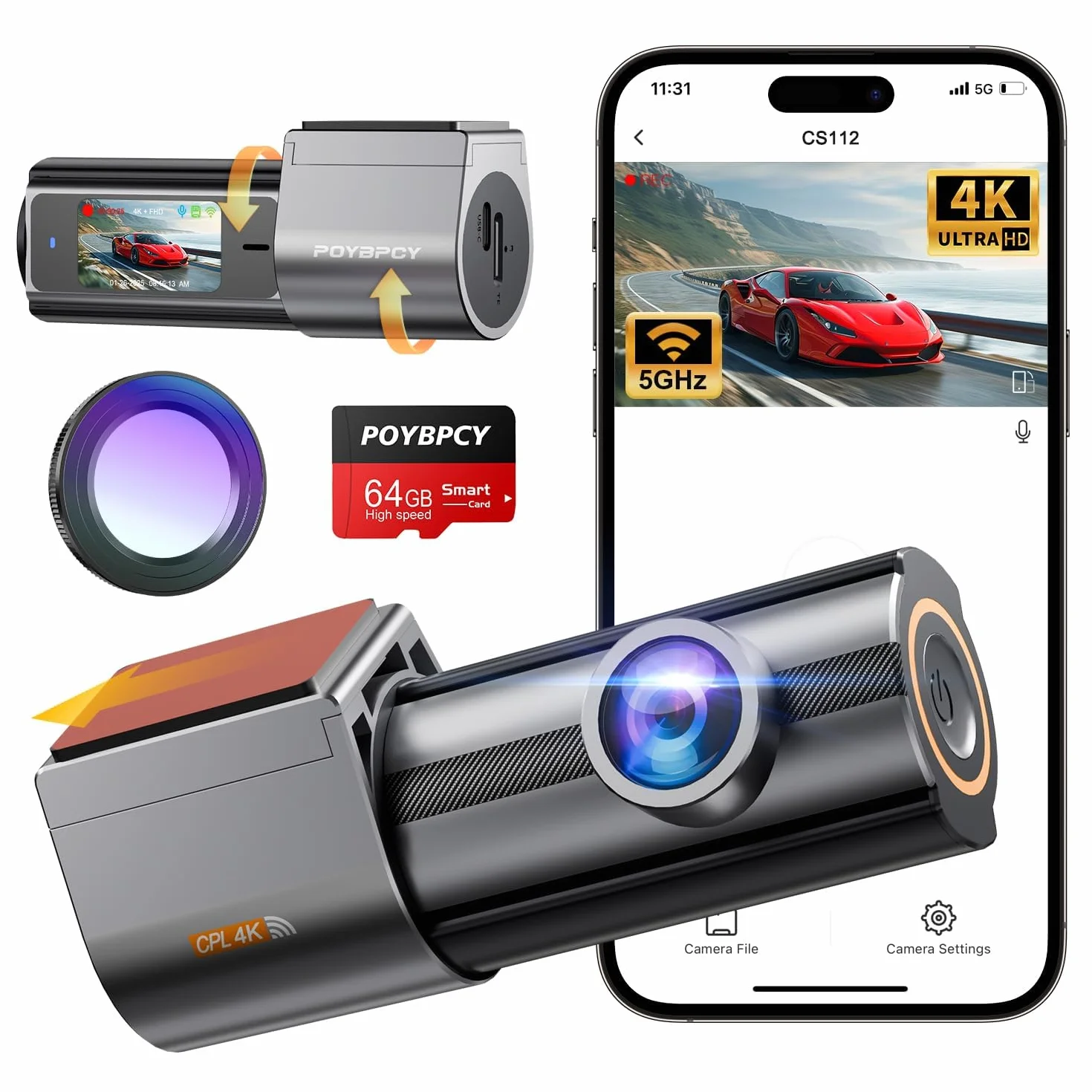 Kamera samochodowa, przednia 4K, wbudowane WiFi 5 GHz, z CPL, UHD 2160P, karta 64 GB, monitor parkowania 24 godz., super noktowizor, WDR, czujnik G, sterowanie aplikacją, kąt 170°, maks. 256 GB