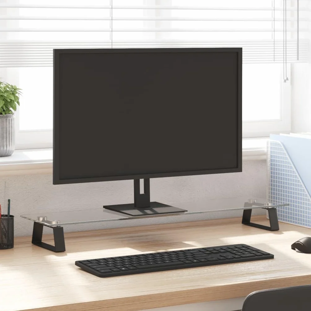 Podstawka pod monitor, czarna, ze szkła hartowanego i metalu, 80 x 20 x 8 cm, obciążenie 10 kg, półka na klawiaturę, podkładka pod mysz, organizer na miejsce pracy, do biura, domowego biura