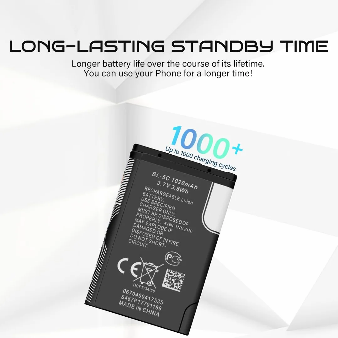 BL-5C akumulator, 1020 mAh litowo-jonowy akumulator zamienny do Nokia 1100 1600 2310 3100 3110 3120 5030 6030 6230 6270 6600 N70 i DIGITRADIO 1/2, TECHNIRADIO 6/RRDR,akumulator wielokrotnego ładowania