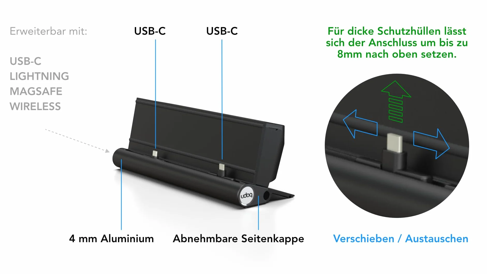 udoq 250 USB-C stacja ładująca do smartfonów, z ładowarką Power Delivery Charger, wysokiej jakości wzornictwo 4 mm aluminium