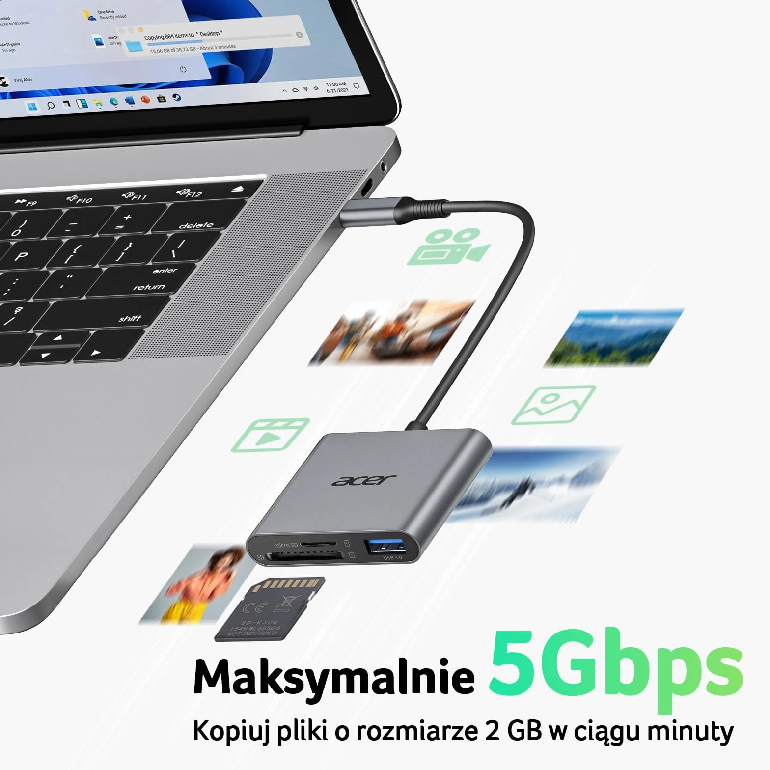 Acer Czytnik kart SD USB 3.0 Adapter 3 w 1 USB C Aluminium karta pamięci TF UHS-I SDXC SDHC MMC RS-MMC do iPhone 16 15 MacBook Pro Air iPad Pro Android Galaxy S24