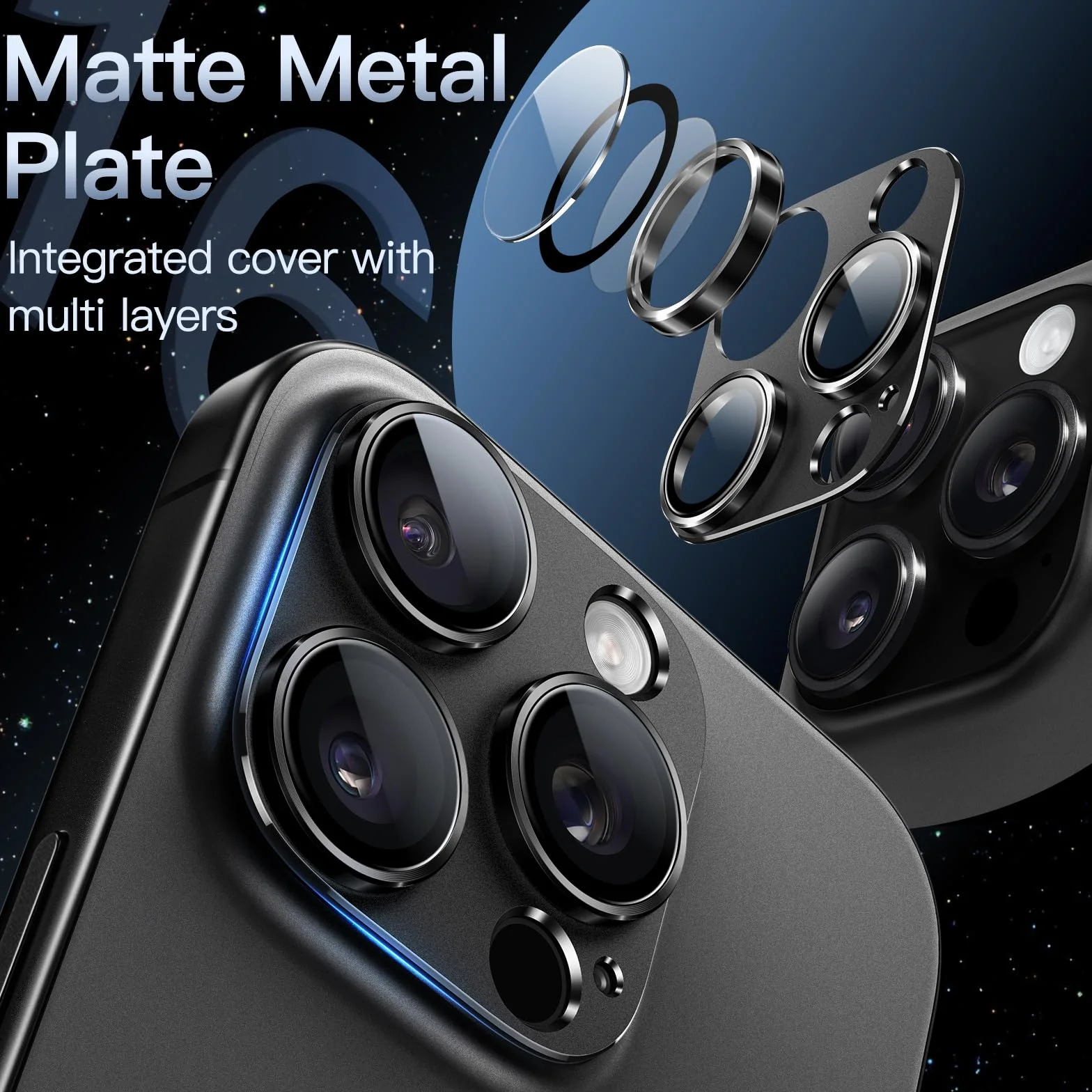 JETech Osłona Obiektywu Aparatu dla iPhone 16 Pro 6,3 Cala i iPhone 16 Pro Max 6,9 Cala, Pełna Pokrycie 9H Szkło Hartowane Osłona Pierścienia, Matowe Metalowa Płytka, 1 Sztuki (Czarny)
