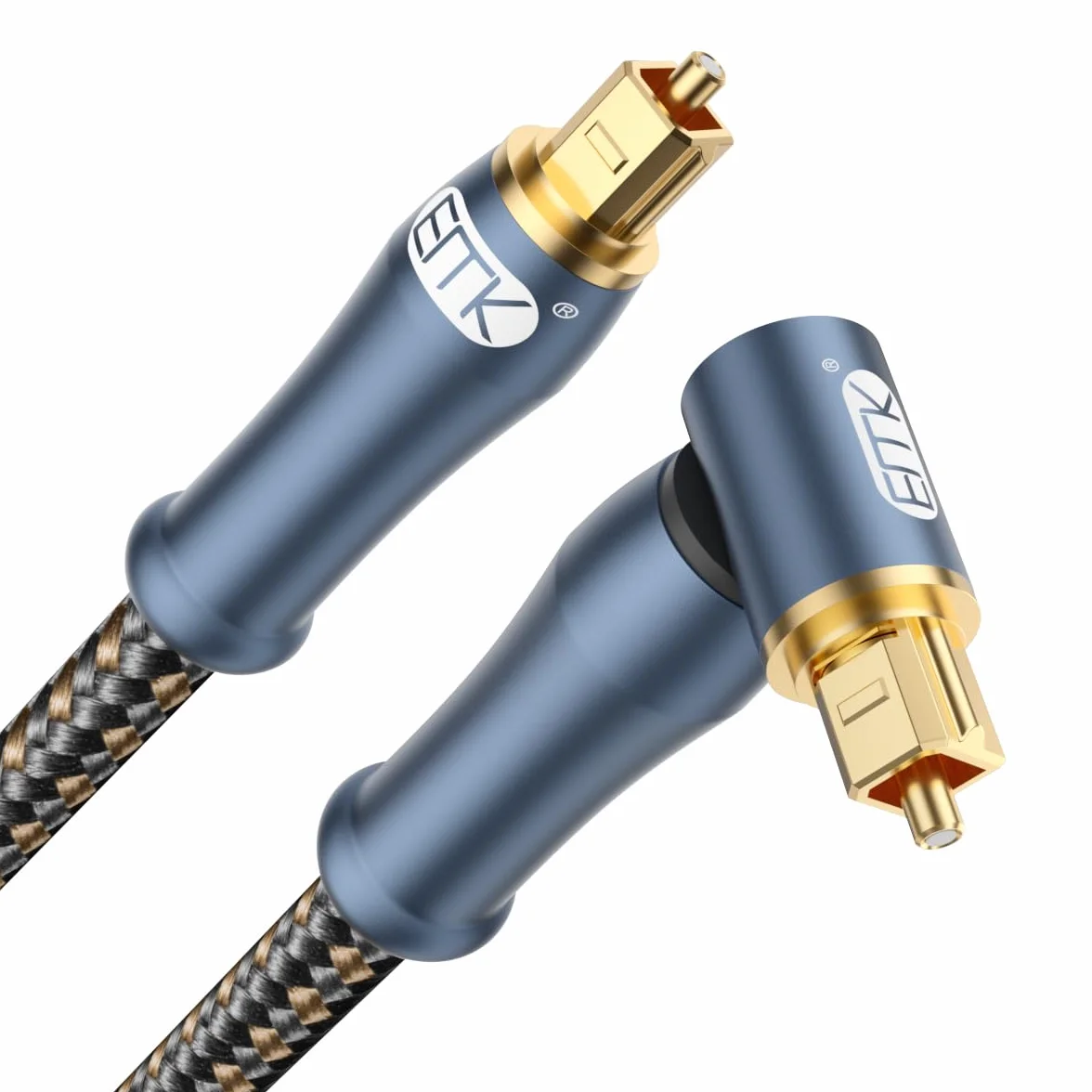 EMK Optyczny kabel audio prostokątny kabel Toslink (wtyczka kątowa 24K złota, włókno szklane 90 stopni, SPDIF do TOSLINK, obrót o 360 stopni), cyfrowy kabel optyczny do głośników, soundbar, TV (2 m)