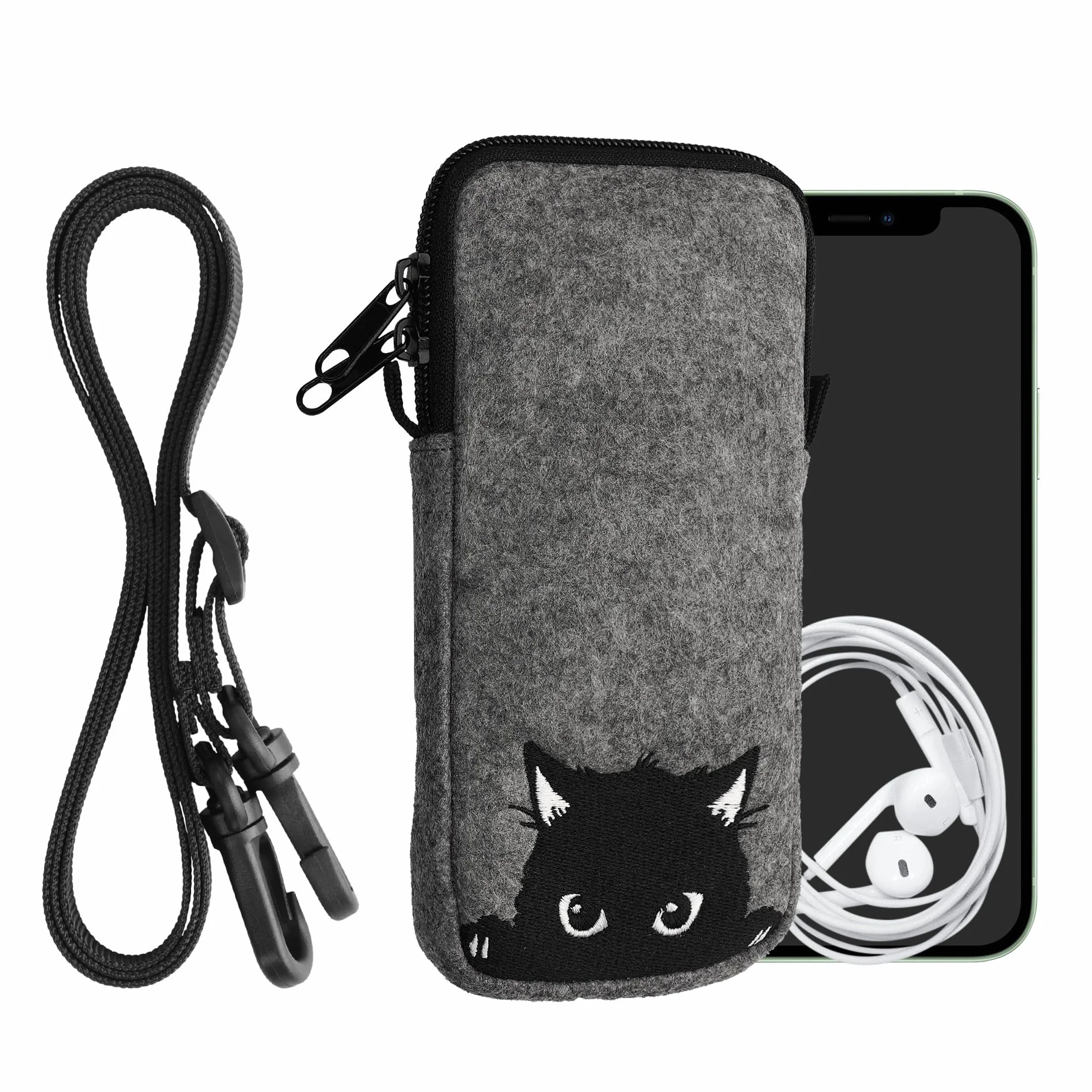 kwmobile Filcowa torba na telefon z wzorem XXL – 18 cm – 17,7 x 8,5 cm uchwyt na pasek – ciekawy kot szary/czarny