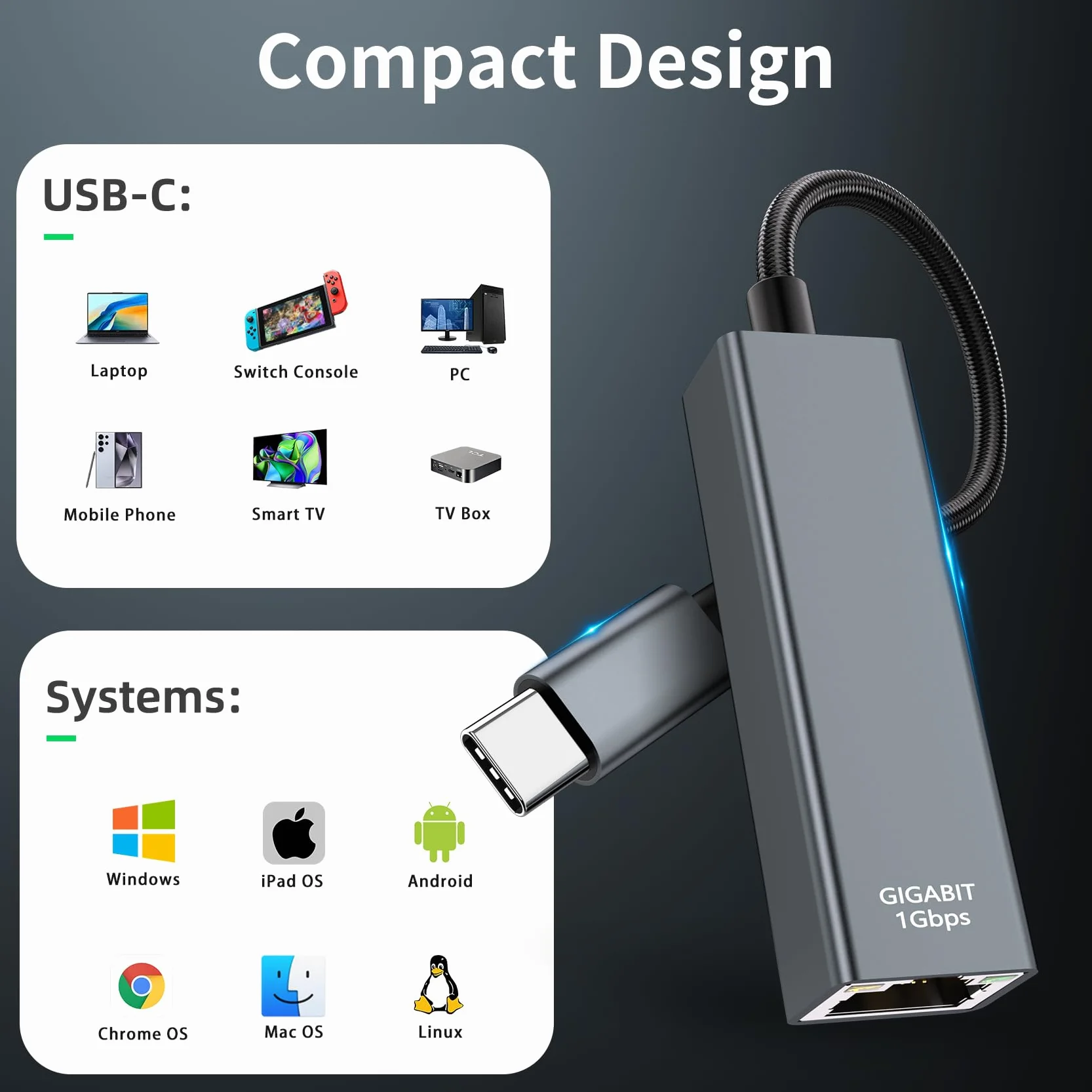 Adapter USB-C na Ethernet – Thunderbolt USB-C na RJ45, gigabitowy adapter sieciowy LAN do iPhone 15, iPad Pro/Air, MacBook, Galaxy S23/S24 Ultra, Surface Book, Dell XPS itp