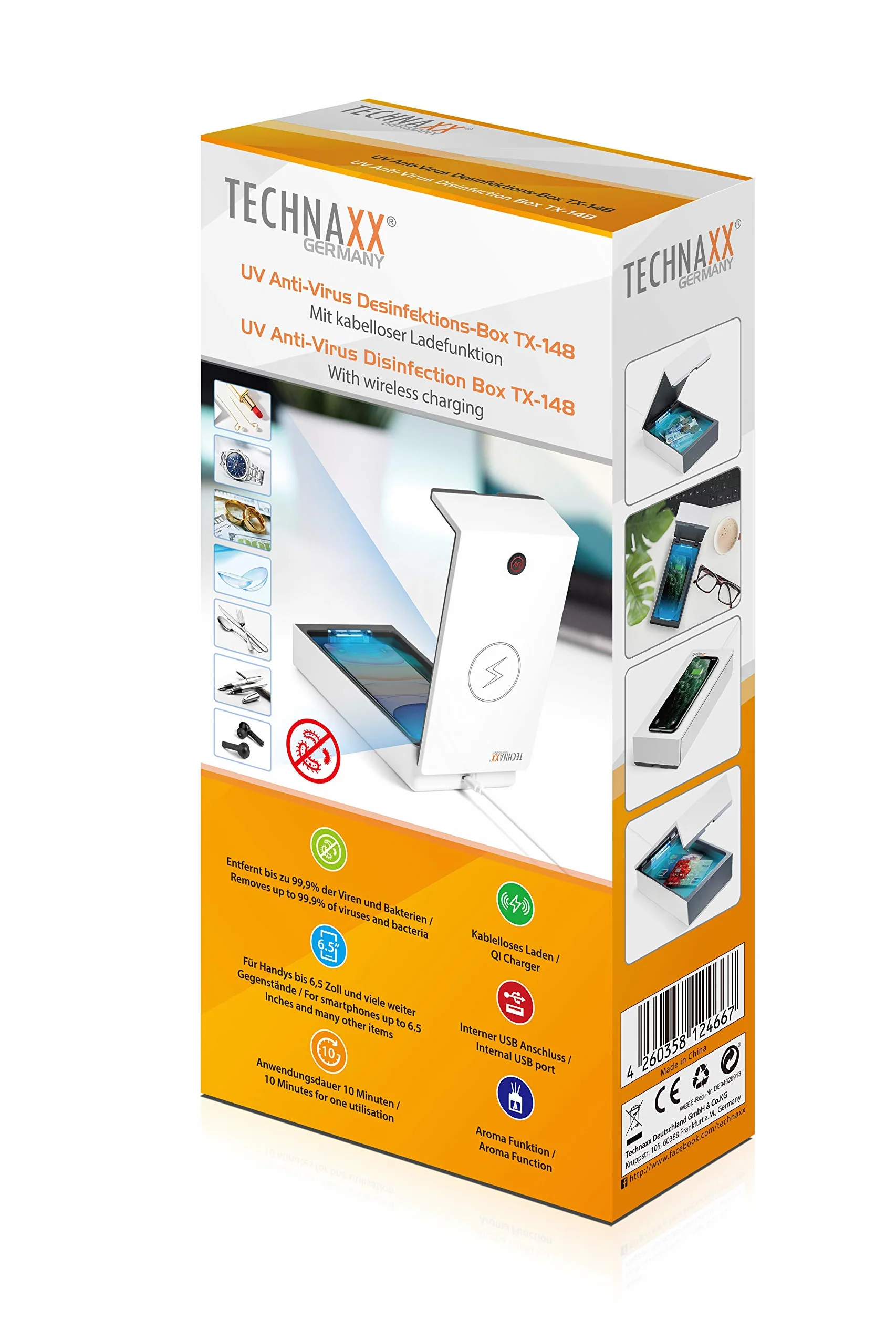 Technaxx Pudełko do dezynfekcji UV TX-148 – dezynfekcja telefonów komórkowych i przedmiotów, 99,9% skuteczności sterylizacji, komora olejku aromatycznego, zarazki, bezprzewodowe ładowanie 5 W, do