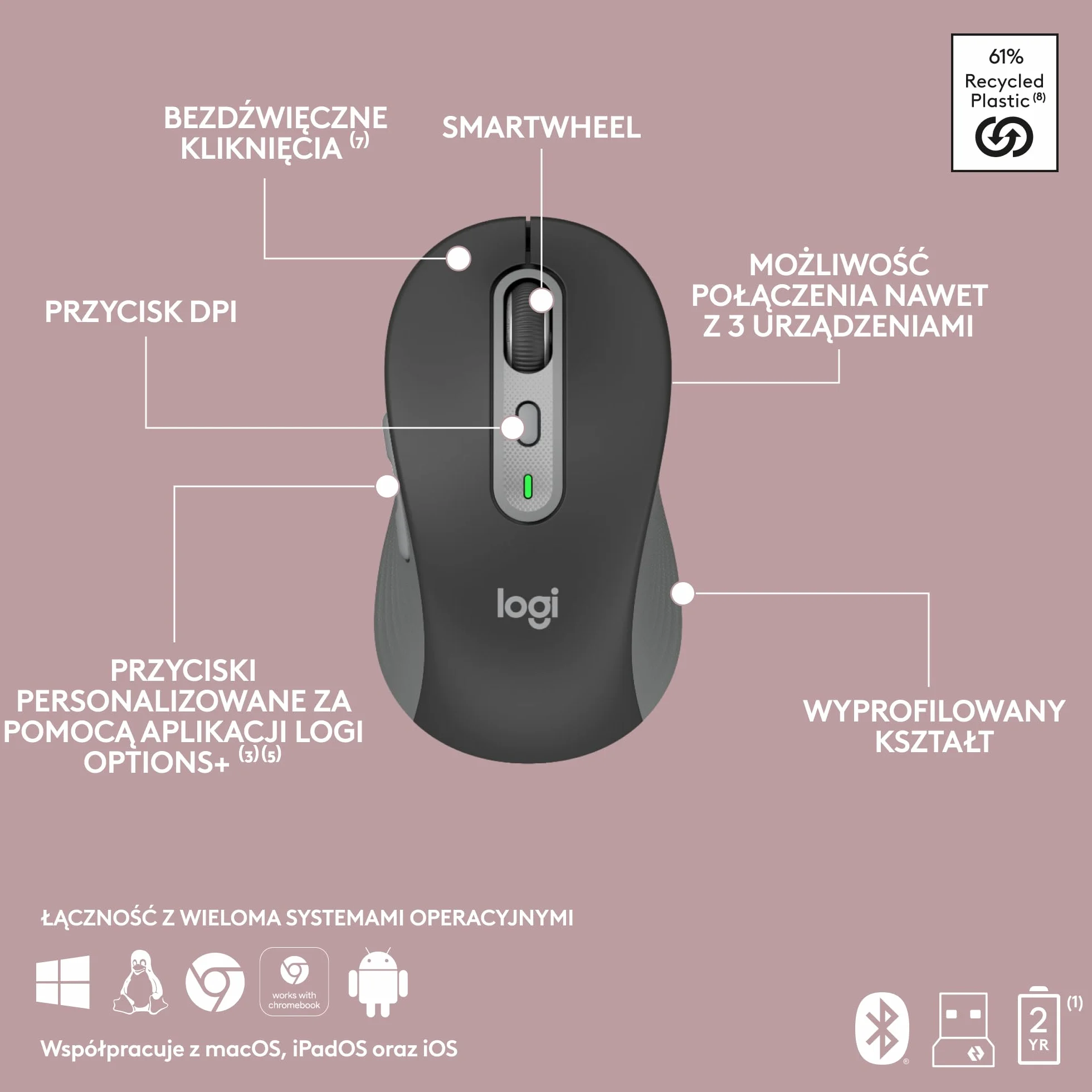 Logitech MK950 Signature Slim, zestaw bezprzewodowej klawiatury i myszy, elegancki design, ciche pisanie, przełączanie między 3 urządzeniami, Bluetooth, wiele OS, Windows, Mac, QWERTY US INT'L, Grafit