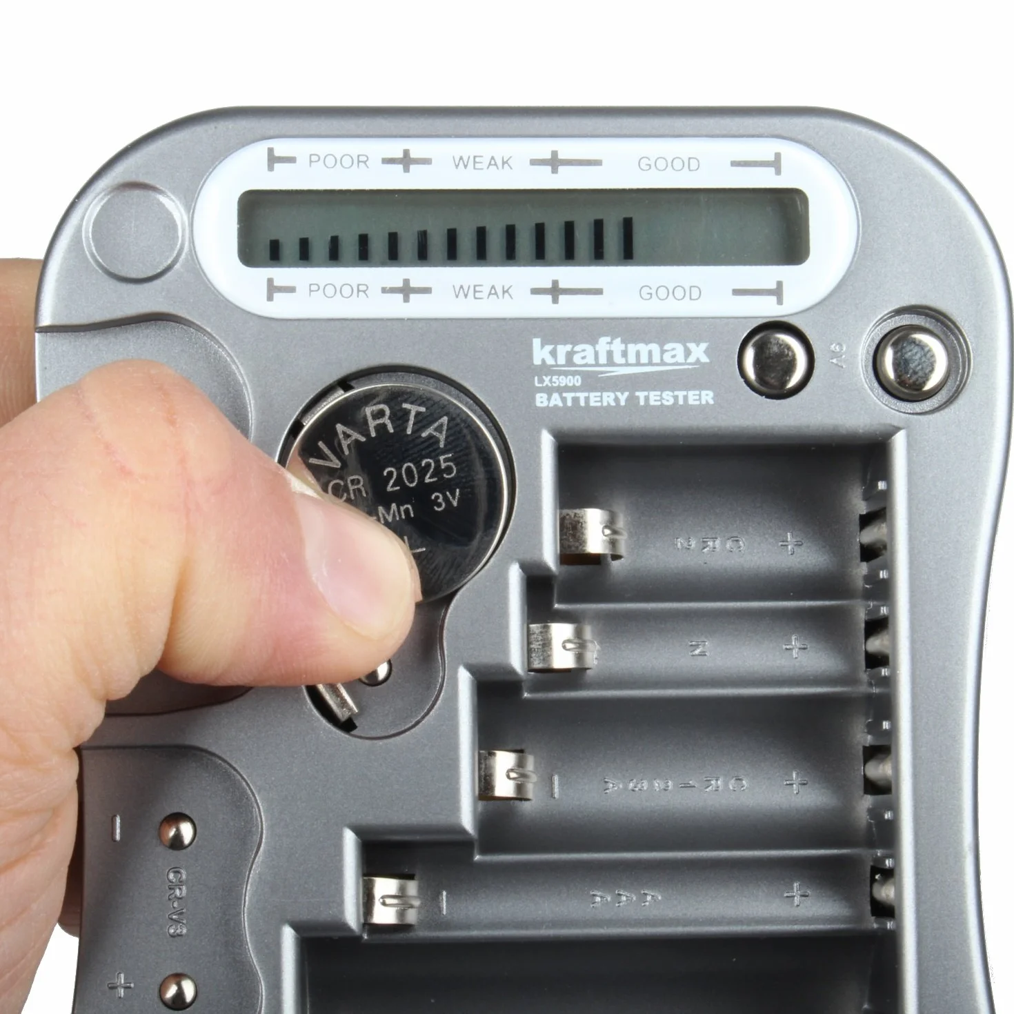 Kraftmax tester baterii V2 LCD uniwersalny z testem ogniw guzikowych