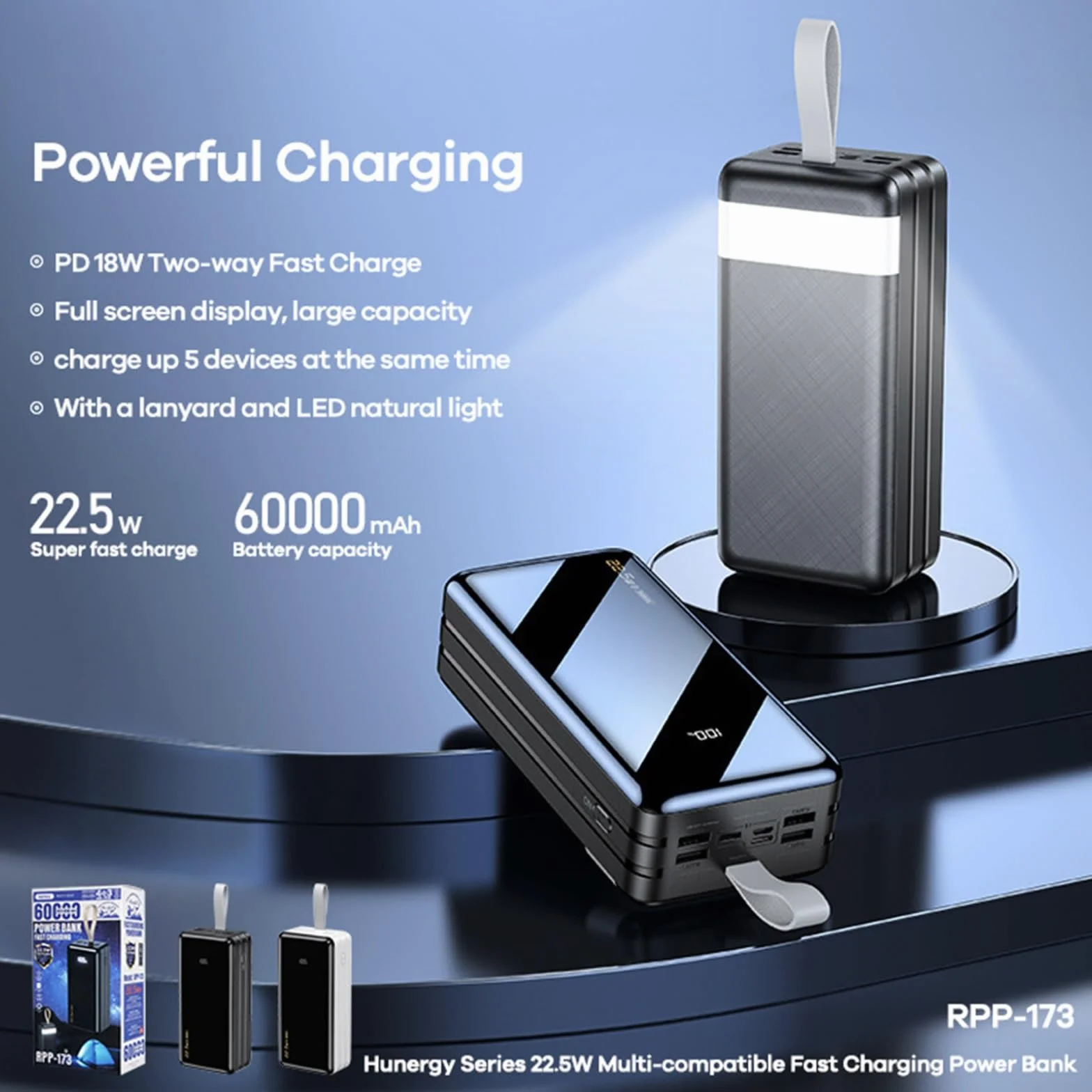 Przenośna ładowarka Power Bank 60000 mAh, duża pojemność, akumulator 22,5 W, super szybkie ładowanie, 4 urządzenia jednocześnie, do smartfonów, tabletów, konsol do gier (czarna)