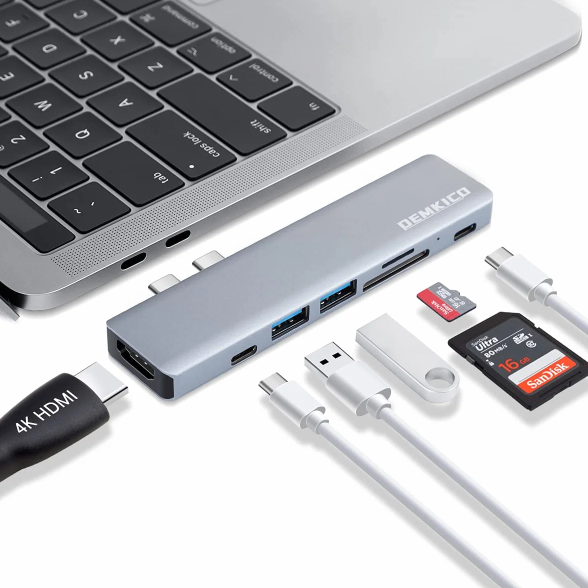 Hub USB C 7 w 1 do MacBook Pro i MacBook Air, adapter DEMKICO Macbook Pro z HDMI 4K, portem USB 3.0 i USB 2.0, czytnikiem kart SD/TF, Thunderbolt 3 (87W PD) i portem żeńskim USB C