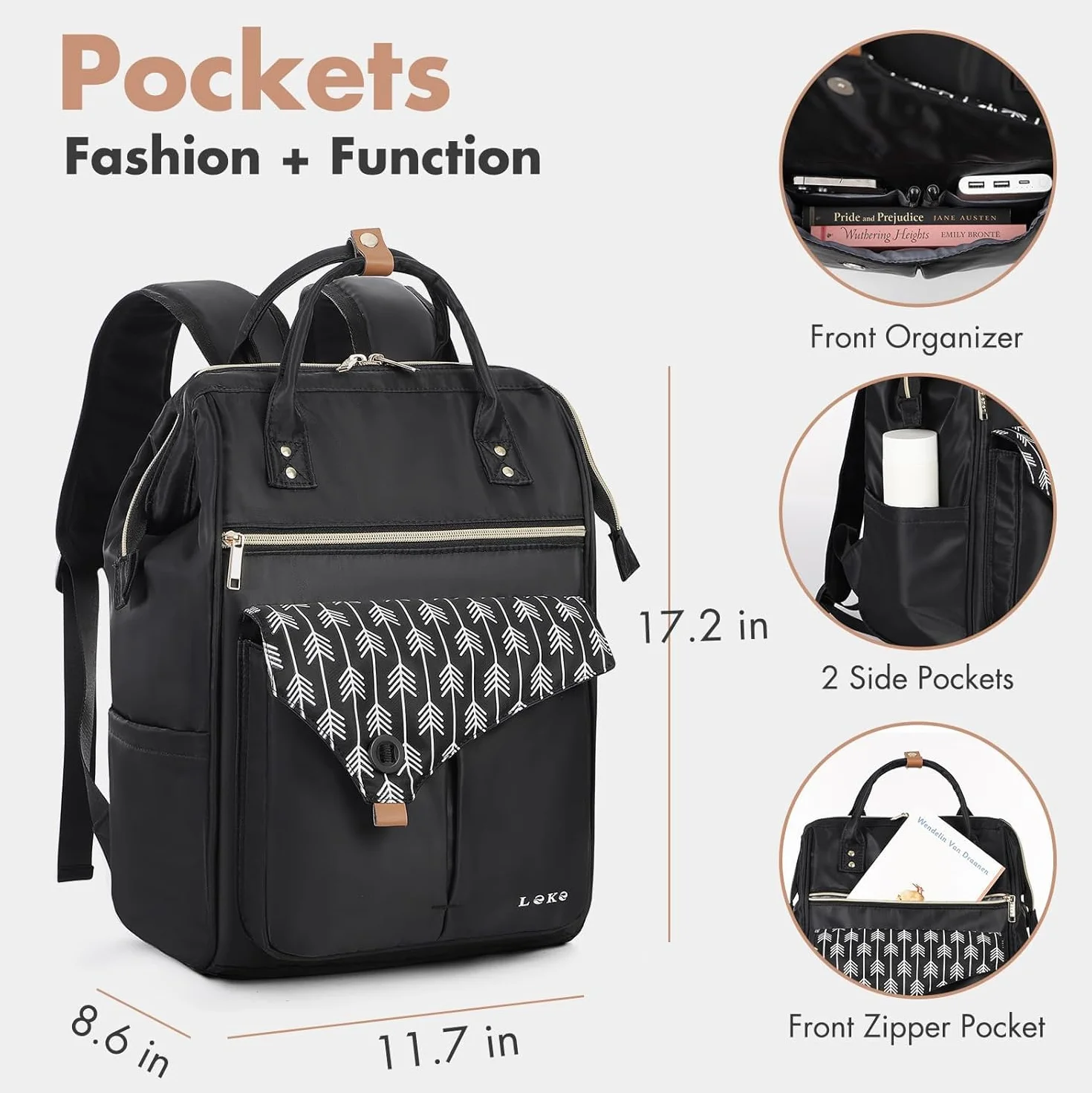Lekesky Plecak damski, wielofunkcyjny plecak na komputer damski 15,6 cala z torbą antykradzieżową, wodoodporny biznesowy laptop elegancki do podróży, biura, uniwersytetu, Czarny nadruk, 17.3, Casual