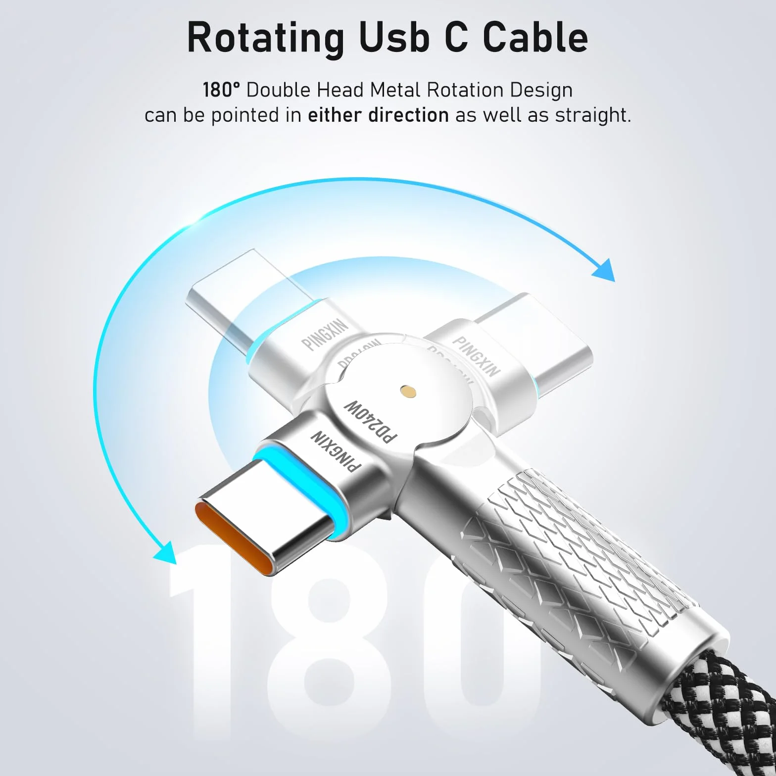 Kabel USB C na USB C, 240 W, pleciony, obracany o 180°, szybkie ładowanie do iPhone'a 16/16Pro/16Plus/16ProMax, MacBook Air, iPad Pro, Pixel, Samsung Galaxy S23/S24 Ultra-czarny