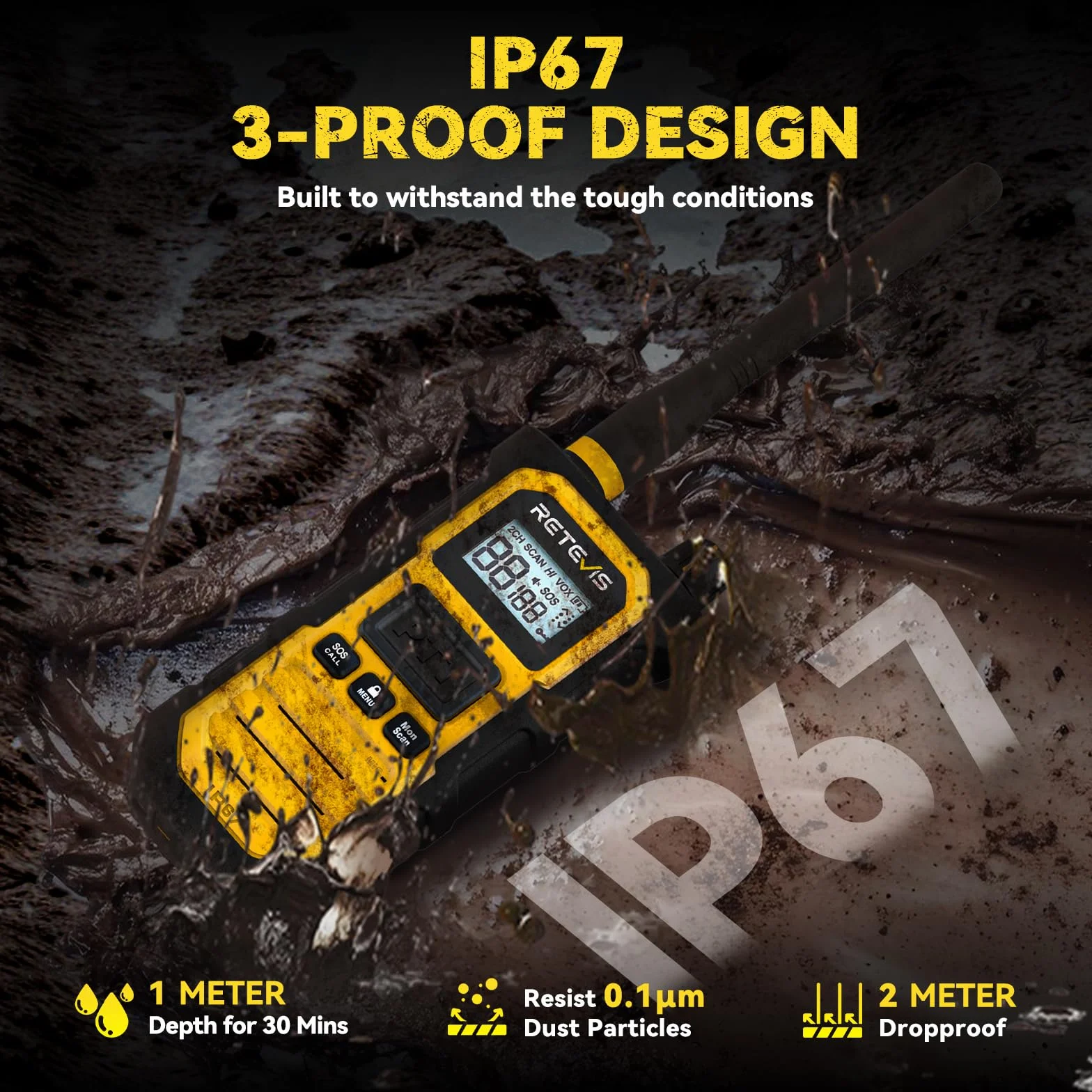 Retevis RB648 Pro Walkie Talkie, Wodoodporny IP67, 2800 mAh, Inteligentny Dźwięk, Profesjonalny Radiotelefon Dwukierunkowy o Dużym Zasięgu do Placów Budowy i Transportu Towarów (1 Szt. Żółty)