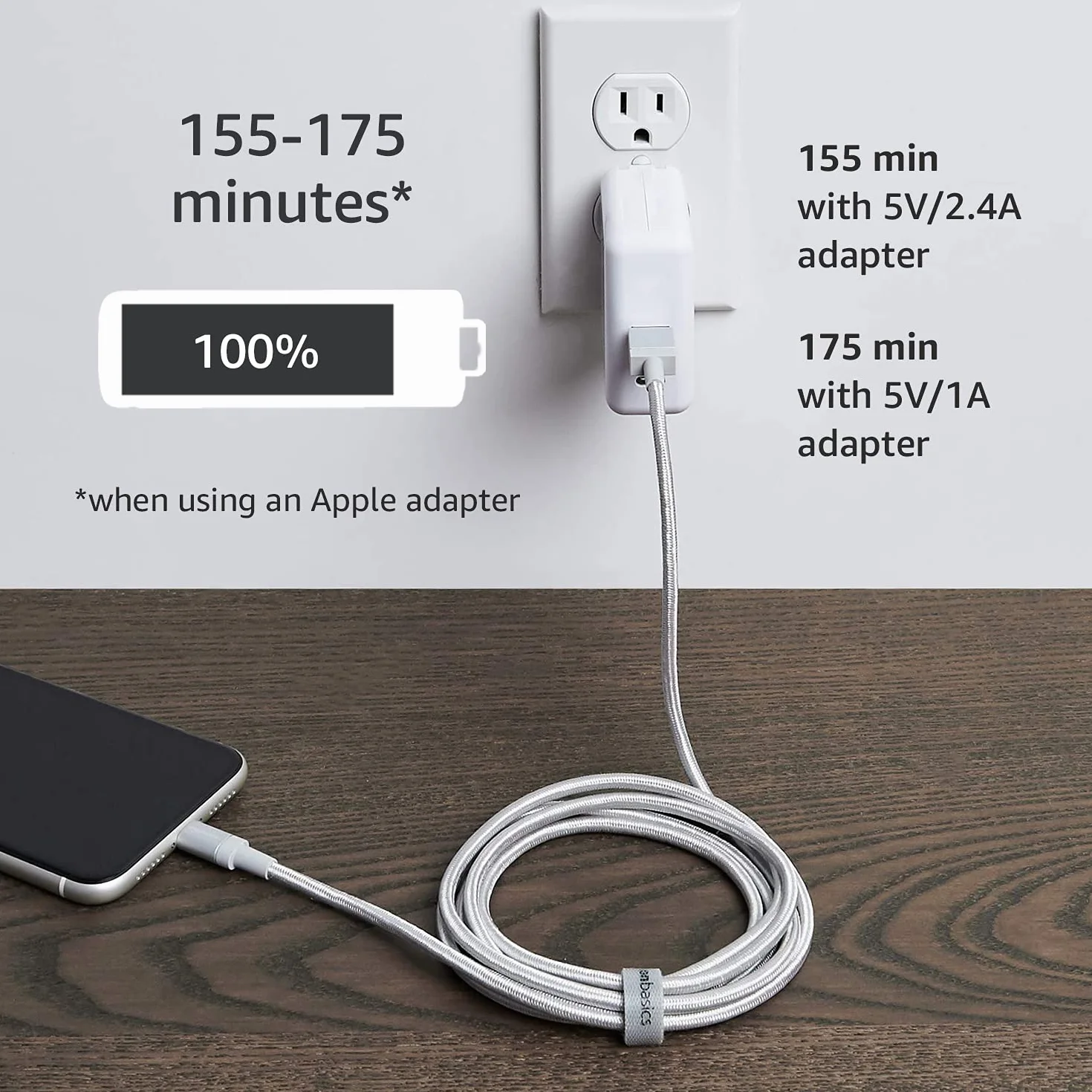 Amazon Basics Kabel połączeniowy Lightning na USB-A, nylonowy, certyfikowany przez MFi kabel do ładowania do iPhone'a, srebrny, 1,8 m