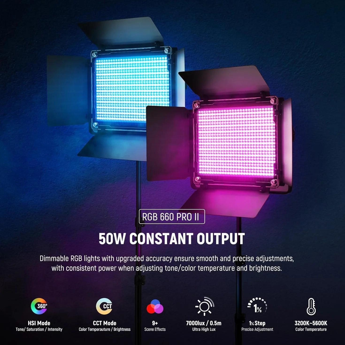 NEEWER Ulepszona lampa studyjna LED RGB ze statywem, sterowana aplikacją, 50 W, 7000 lumenów, IRC97 + 3200-5600K, ściemniany panel fotograficzny, zestaw oświetleniowy, RGB660 Pro II