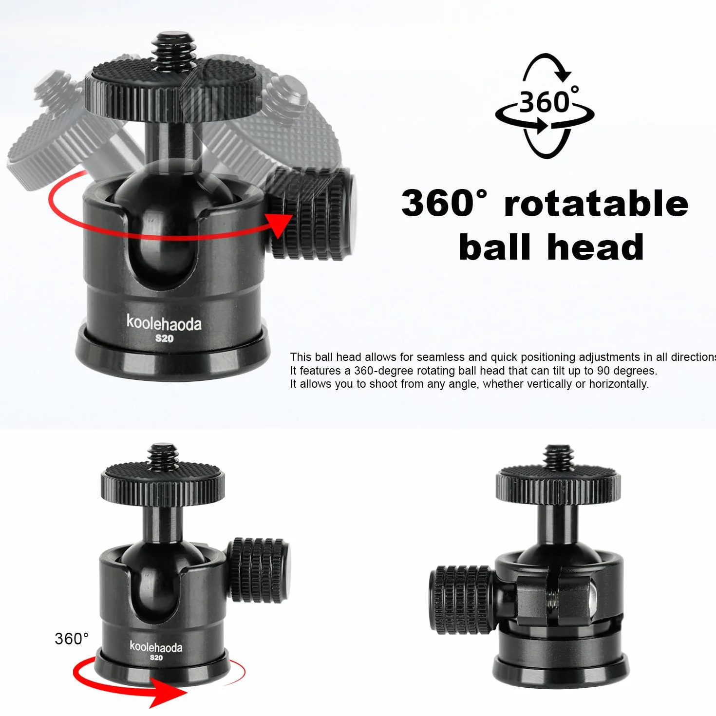 Koolehaoda Mini głowica kulowa z mocowaniem na zimno, panoramiczny aluminiowy uchwyt kulowy 360° ze śrubą 1/4" do statywów fotograficznych, monopodów, kamer, lamp, mikrofonów